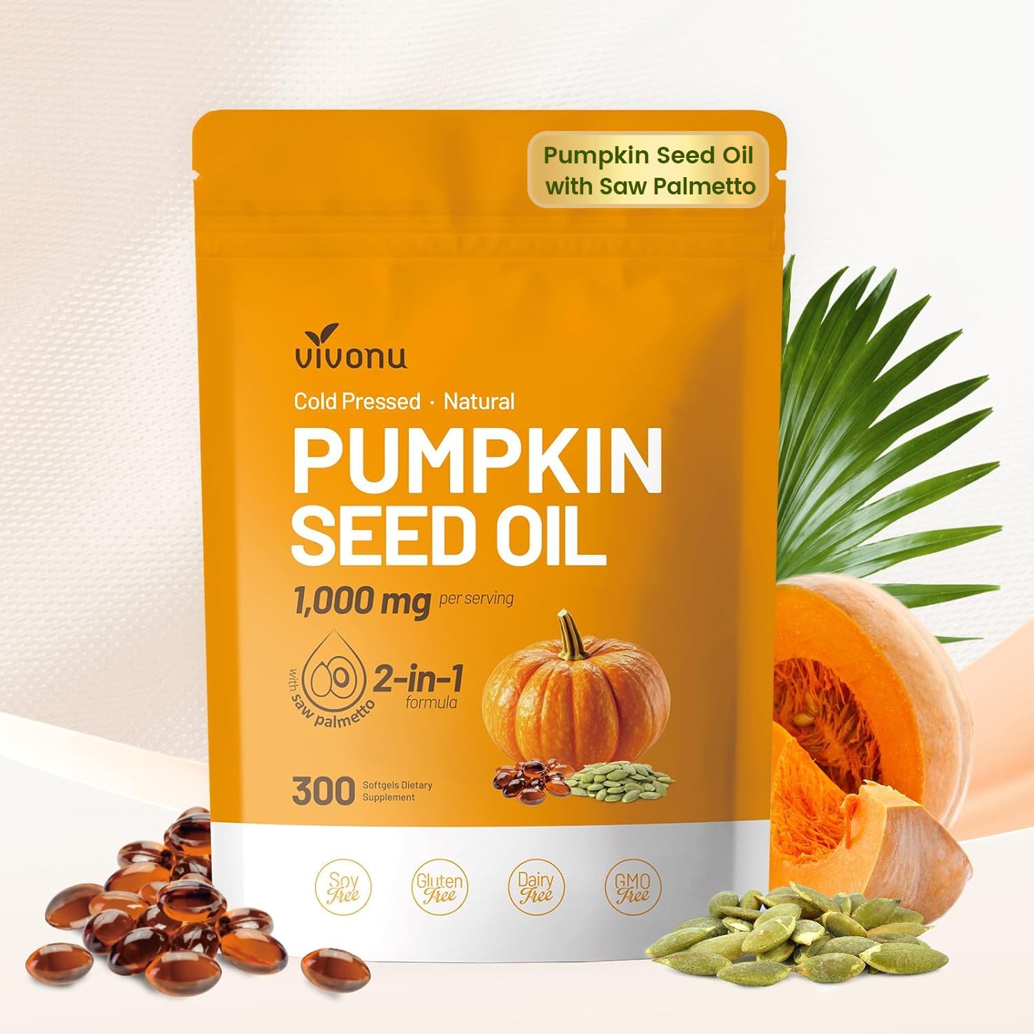 VivoNu Pumpkin Seed Oil with Saw Palmetto Capsules | Cold Pressed, Pure Virgin Oil, Essential Fatty Acids & Phytosterols | 300 SoftgelsSupports Hair, Urinary, Bladder & Prostate Health | Non-GMO