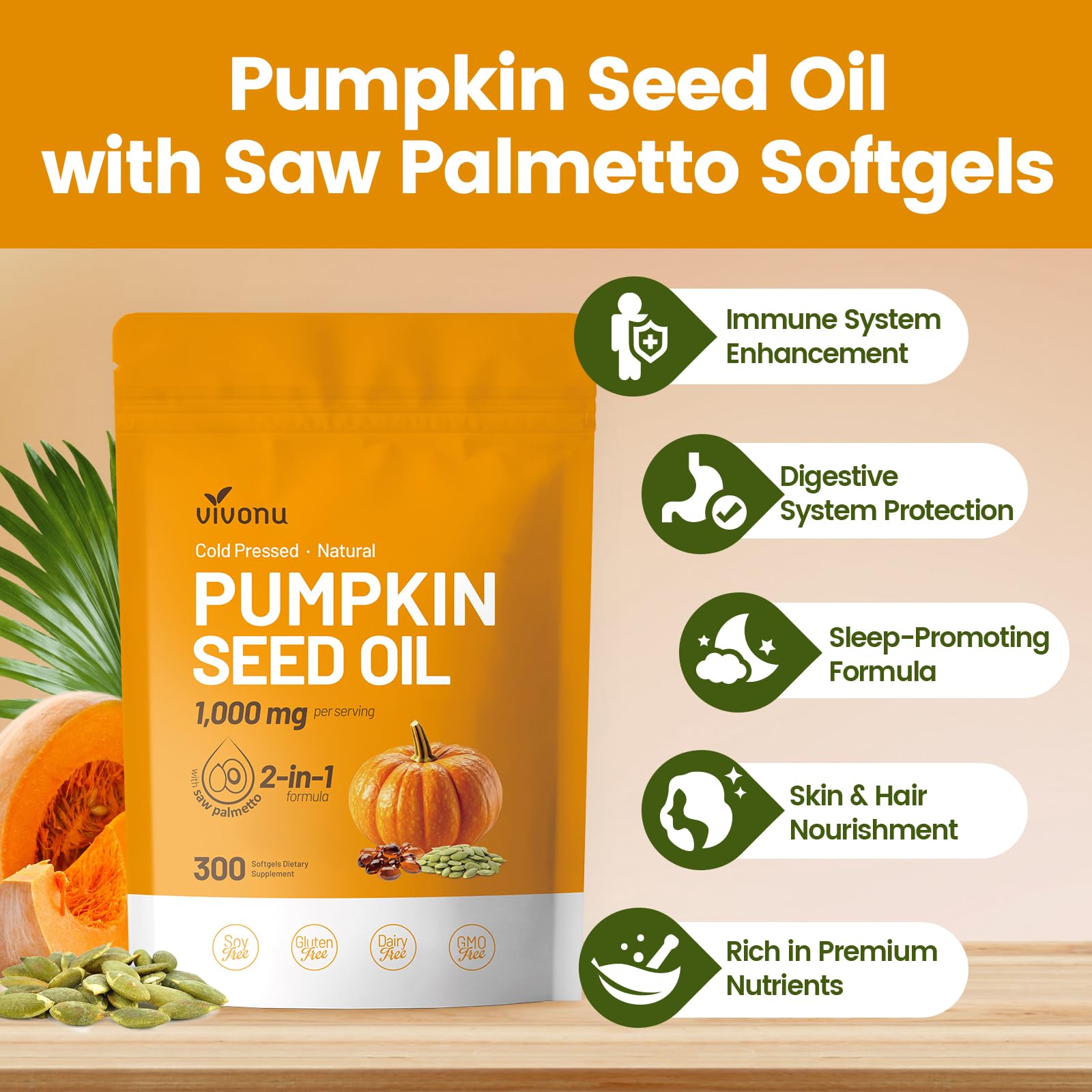 VivoNu Pumpkin Seed Oil with Saw Palmetto Capsules | Cold Pressed, Pure Virgin Oil, Essential Fatty Acids & Phytosterols | 300 SoftgelsSupports Hair, Urinary, Bladder & Prostate Health | Non-GMO