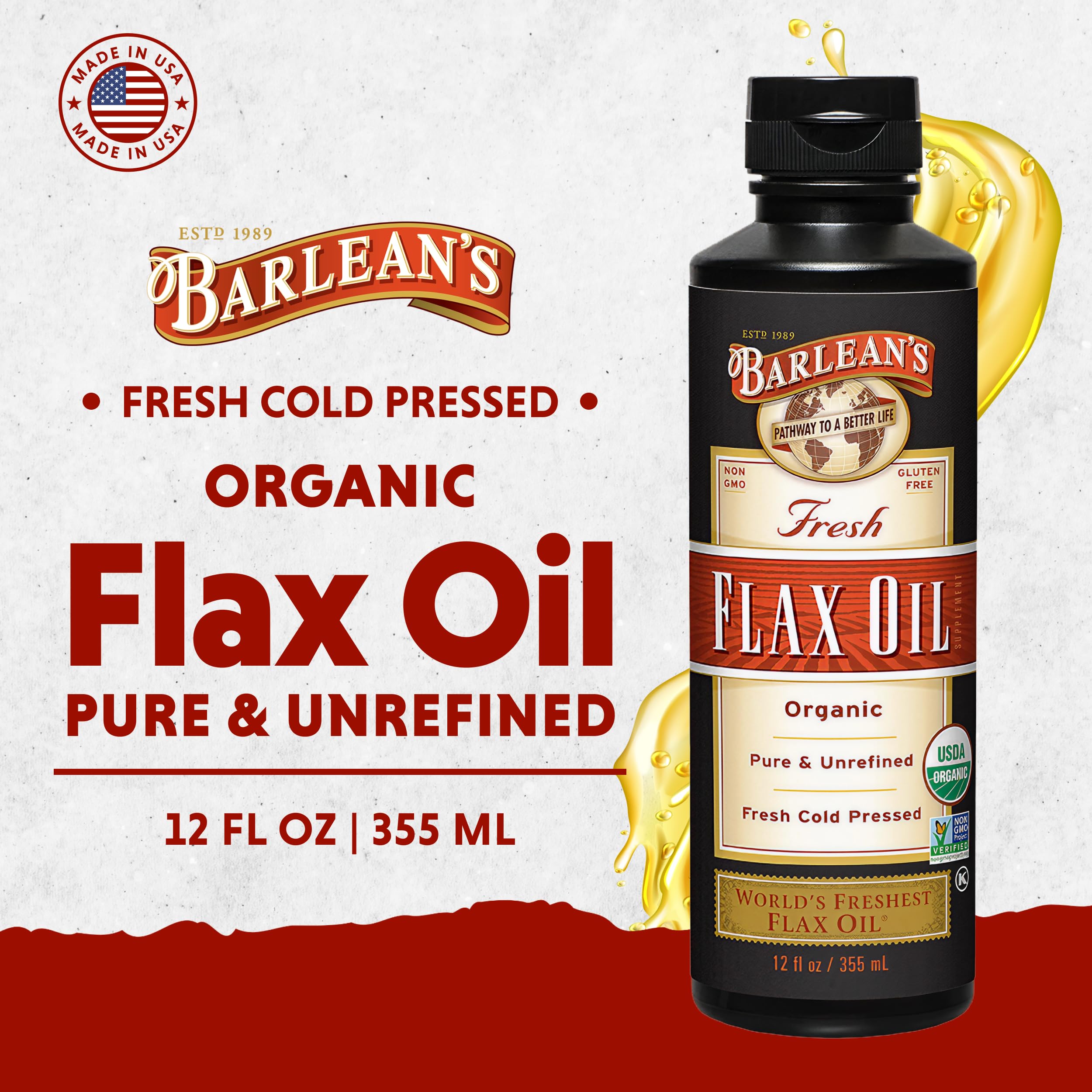 Barlean's Organic Flaxseed Oil Liquid from Fresh Cold Pressed Flax Seeds, 7,640mg ALA Omega 3 Fatty Acid Supplement for Healthy Hair, Skin, and Eyes, Vegan and Gluten Free, 12 oz
