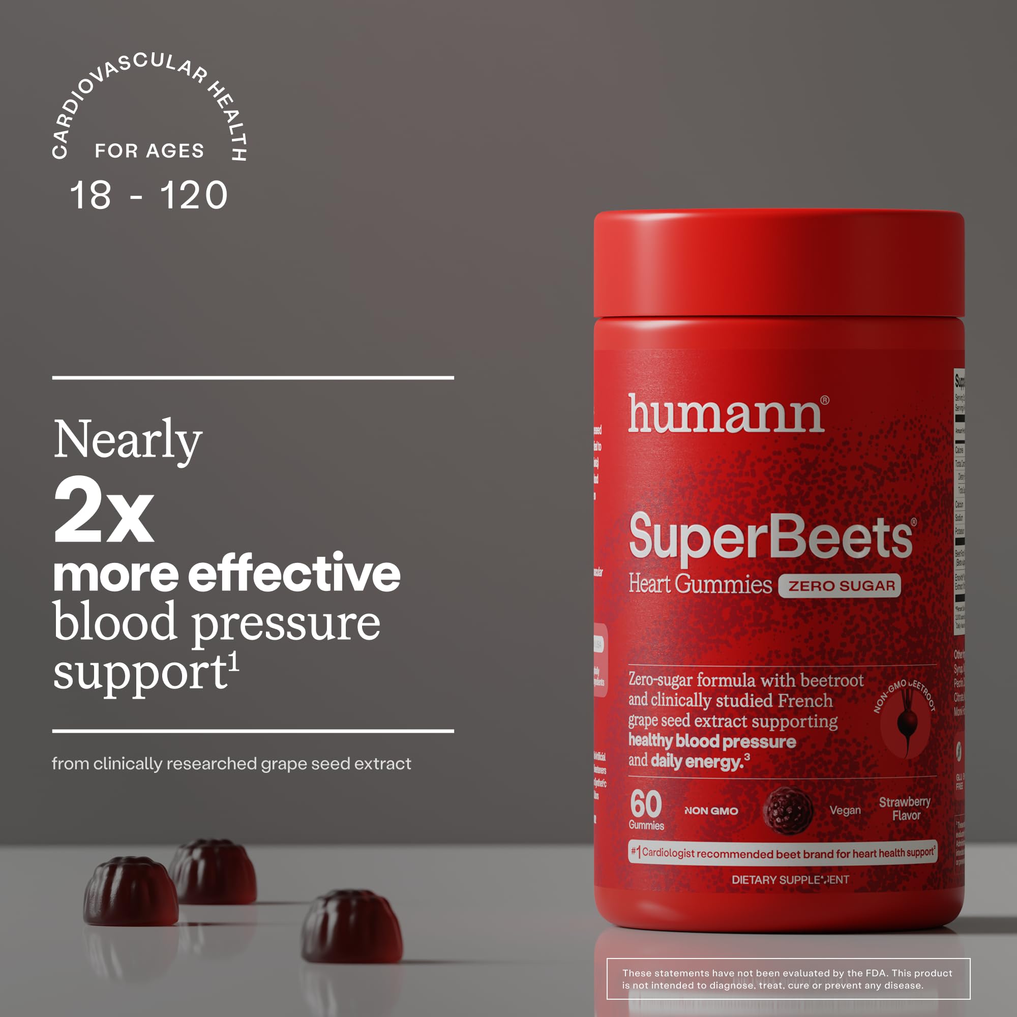 Humann SuperBeets Heart Gummies - Beet Gummy with Heart-Healthy Energy Support, Grape Seed Extract & Beetroot Powder, Zero Sugar - Strawberry Flavor, 120 Count