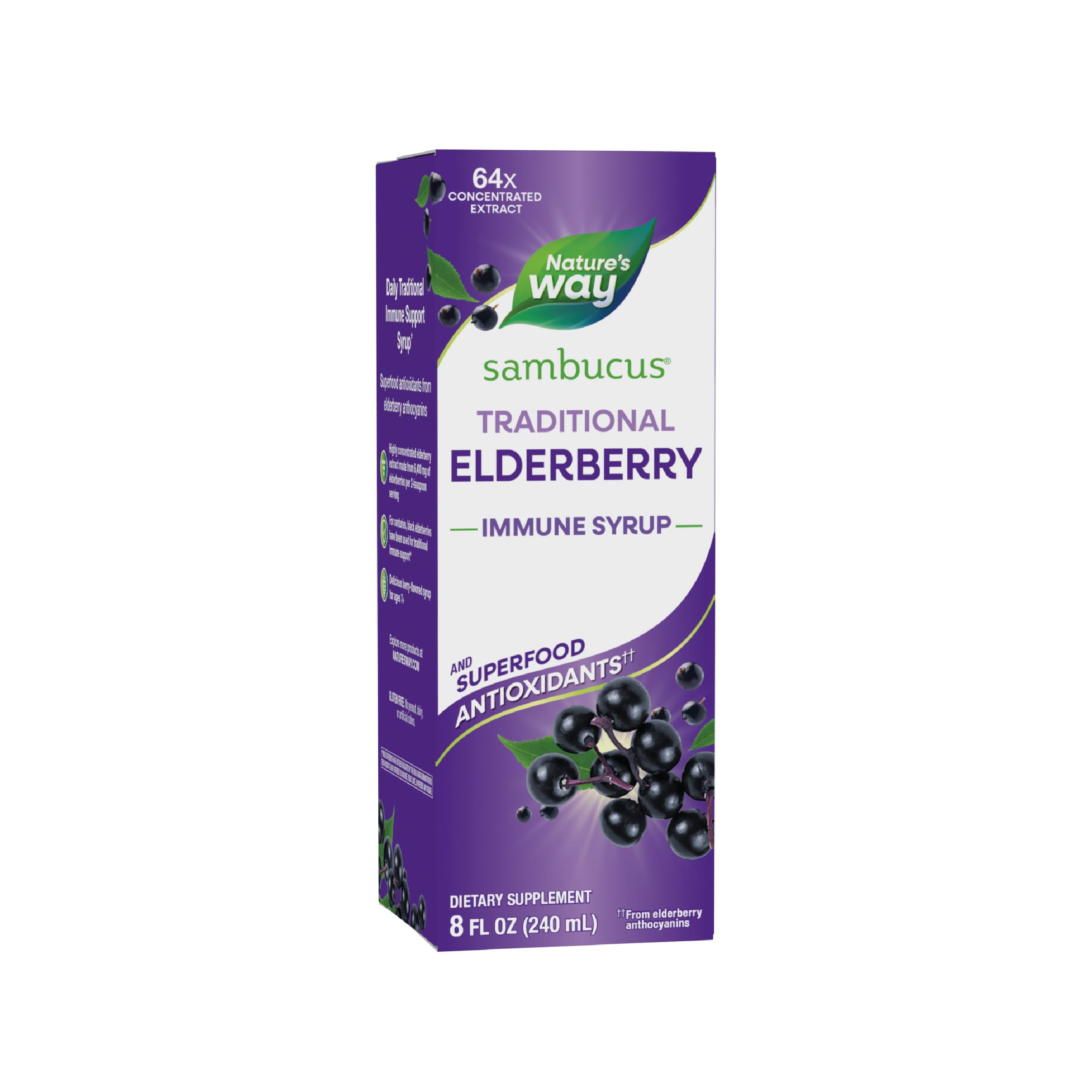 Nature’s Way Sambucus Elderberry Traditional Immune Syrup, Highly Concentrated Black Elderberry Extract, Traditional Immune Support*, Delicious Berry Flavored, 8 Fl Oz (Packaging May Vary)