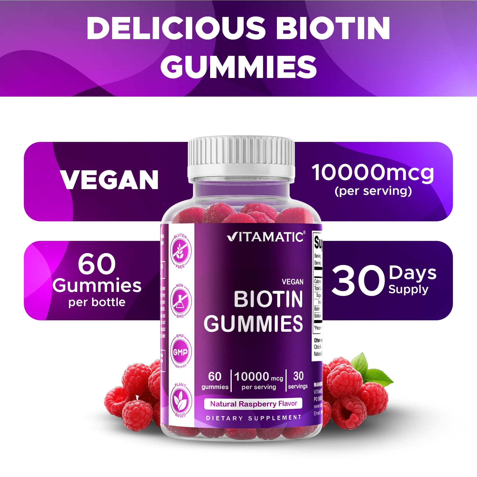 Vitamatic Biotin Gummies 10,000 mcg for Stronger Hair, Skin & Nails - 60 Vegan Gummies - Also Called Vitamin B7 (2 Bottles)