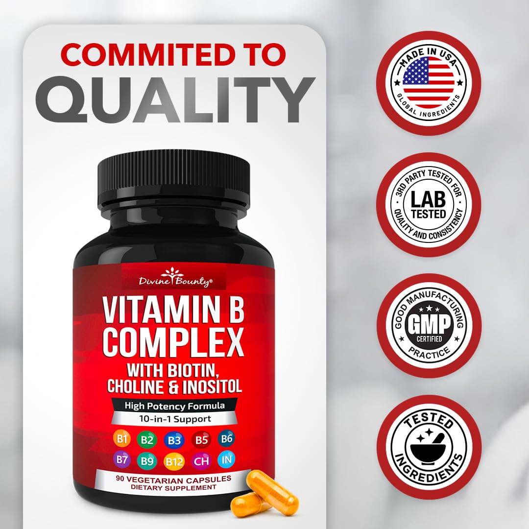 Divine Bounty Super B Complex Vitamins - All B Vitamins Including B12, B1, B2, B3, B5, B6, B7, B9, Folic Acid - Vitamin B Supplement - Support Healthy Energy Metabolism - 90 Vegetarian Capsules