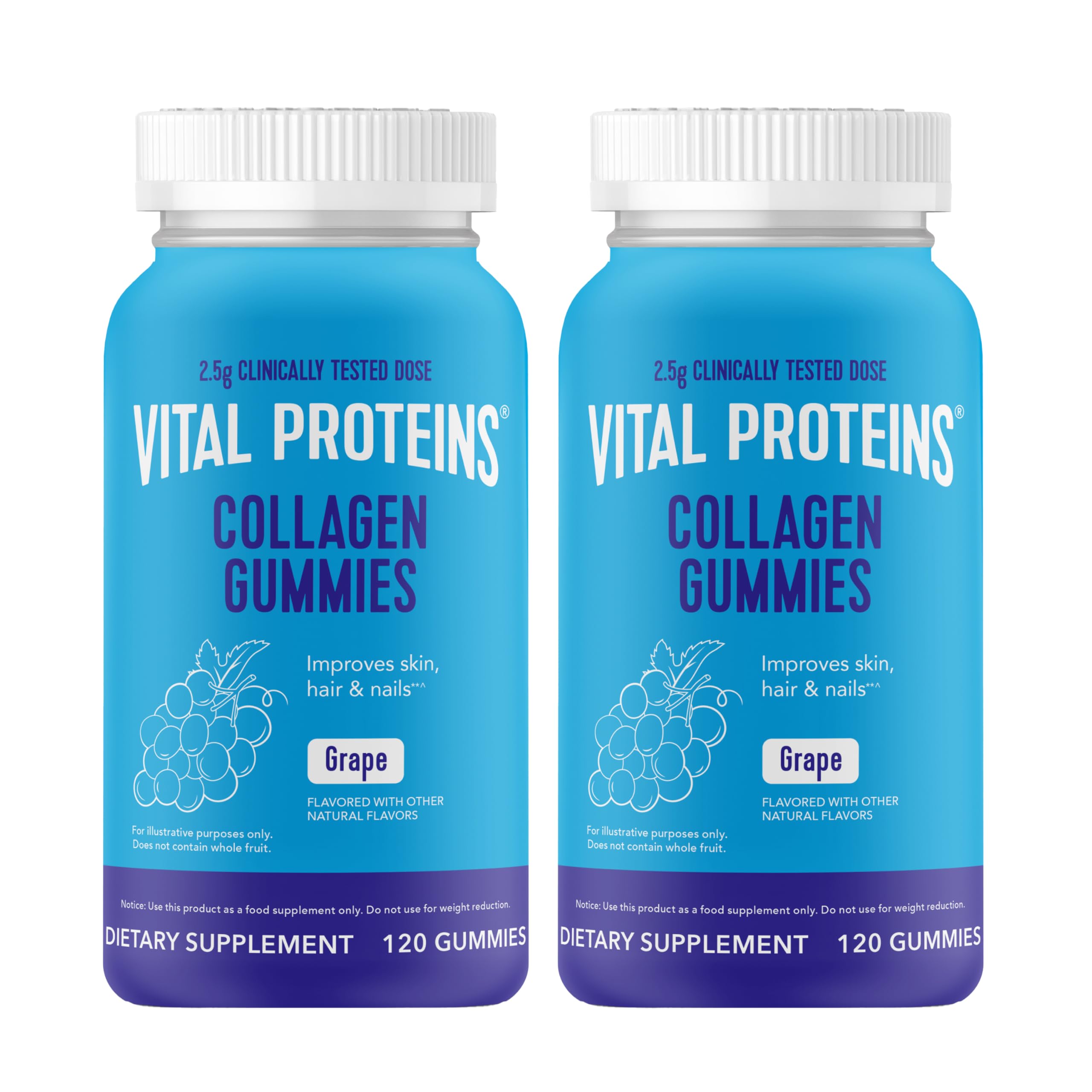 Vital Proteins Collagen Gummies, 2.5g of Clinically-Tested Collagen for Hair, Skin, Nails & Wrinkles, 120 ct Bottle, Pack of 2, Grape Flavor