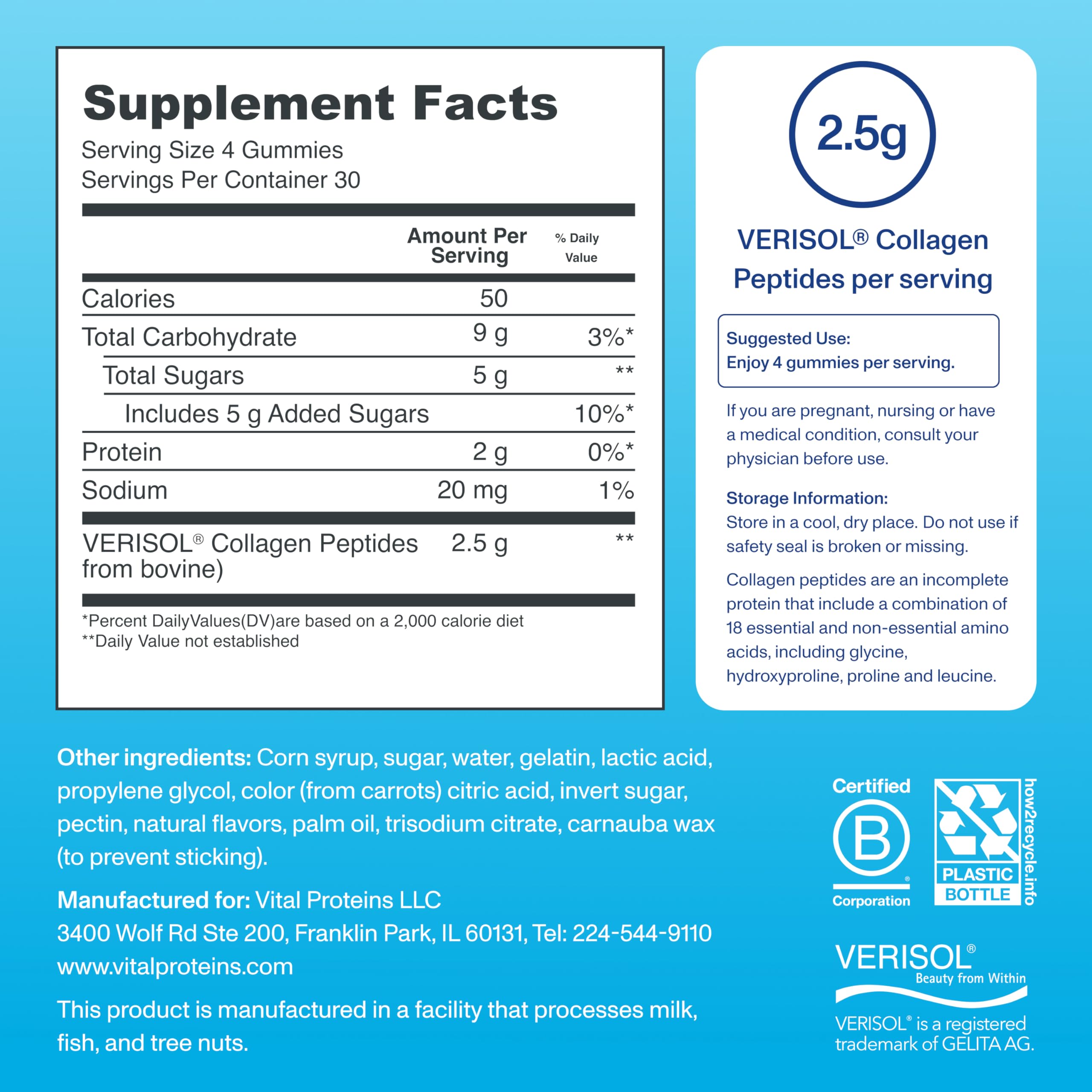 Vital Proteins Collagen Gummies, 2.5g of Clinically-Tested Collagen for Hair, Skin, Nails & Wrinkles, 120 ct Bottle, Pack of 2, Grape Flavor