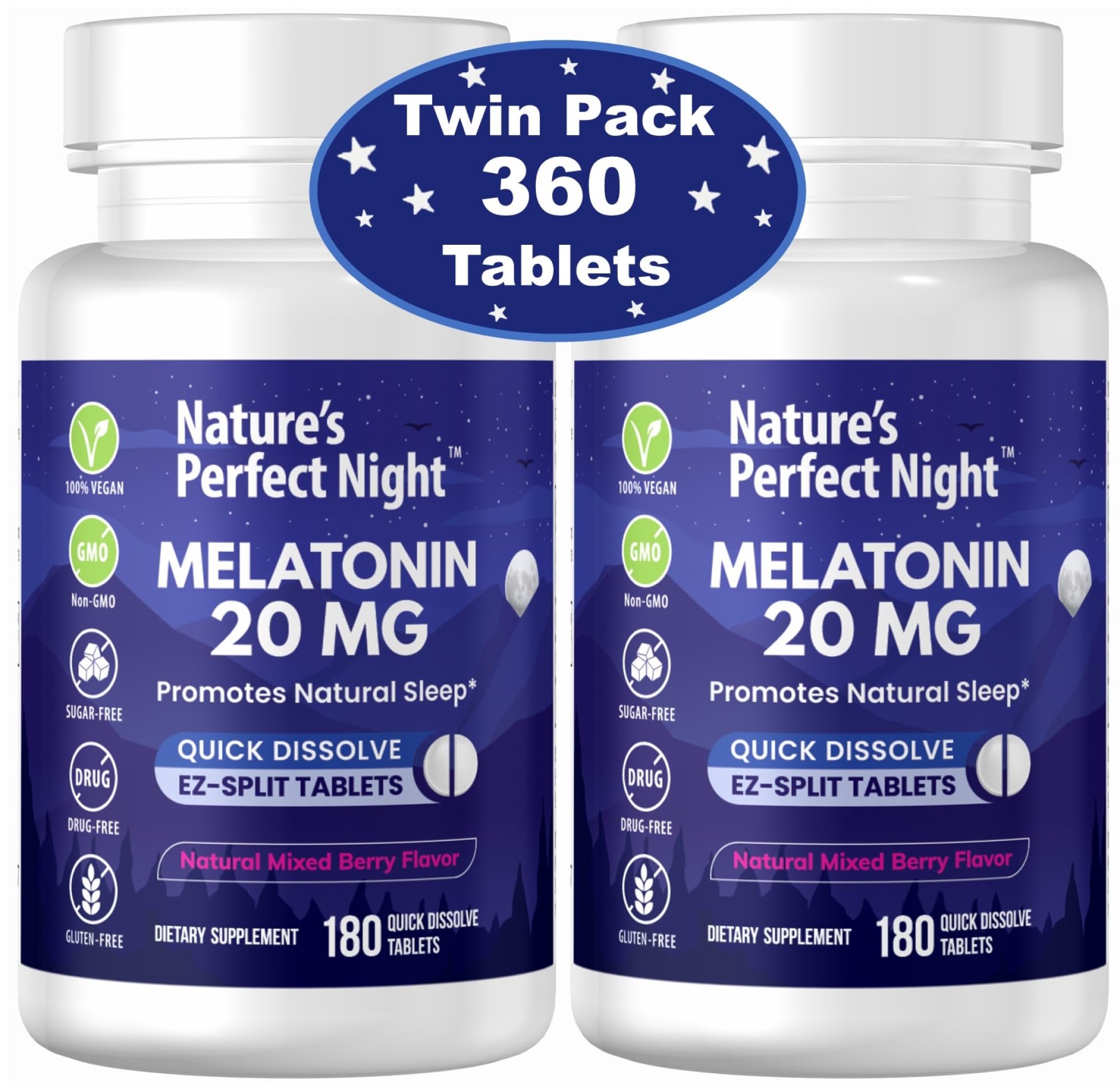 Nature's Perfect Night | Melatonin 20mg | 180 Quick Dissolve Tablets, 2-Pack | Natural Mixed Berry Flavor |High Potency | Sugar Free | Vegan | Gluten Free | 2 Count