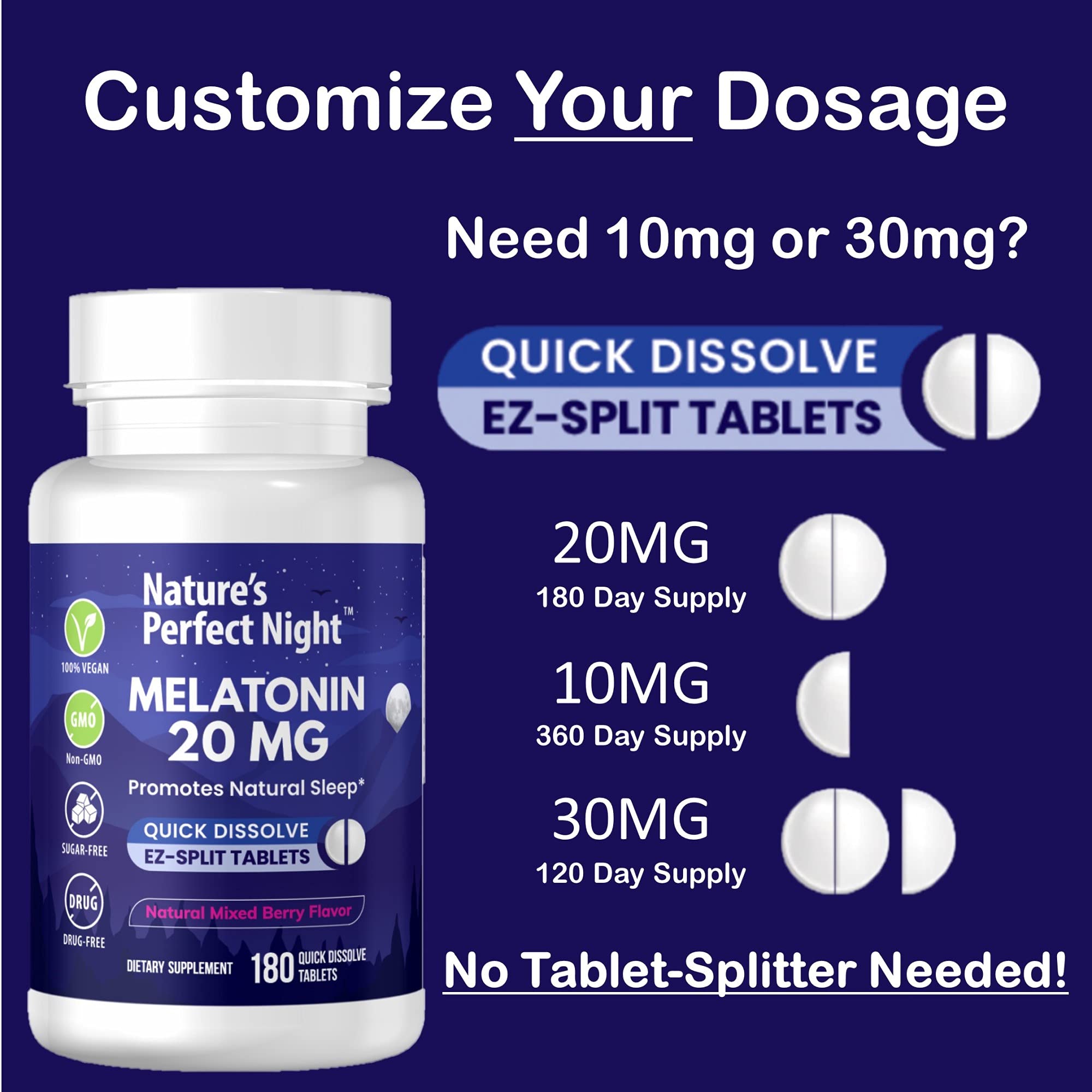 Nature's Perfect Night | Melatonin 20mg | 180 Quick Dissolve Tablets, 2-Pack | Natural Mixed Berry Flavor |High Potency | Sugar Free | Vegan | Gluten Free | 2 Count