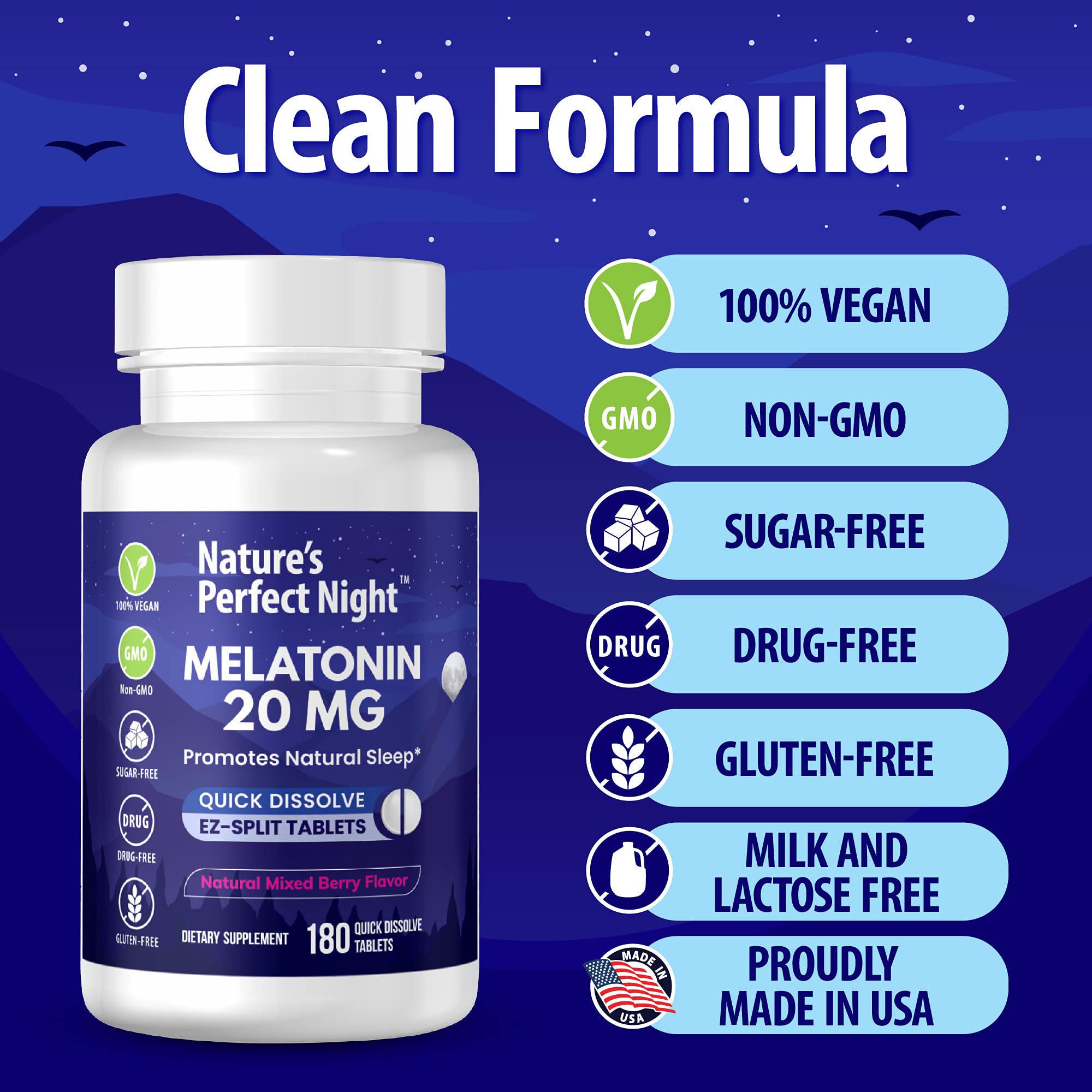 Nature's Perfect Night | Melatonin 20mg | 180 Quick Dissolve Tablets, 2-Pack | Natural Mixed Berry Flavor |High Potency | Sugar Free | Vegan | Gluten Free | 2 Count