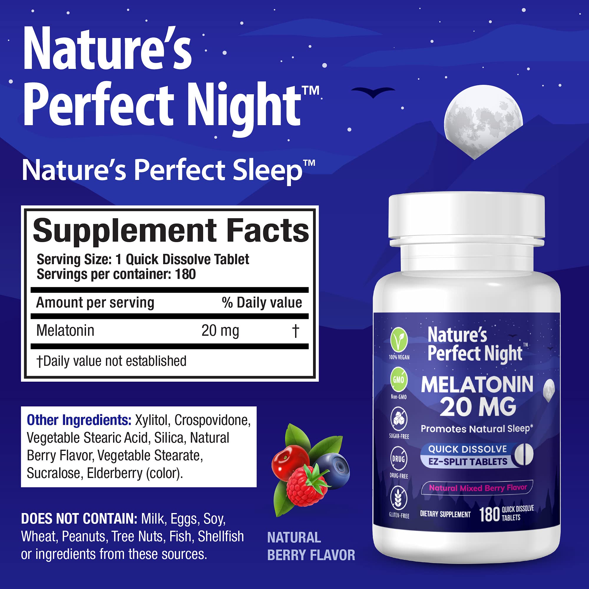 Nature's Perfect Night | Melatonin 20mg | 180 Quick Dissolve Tablets, 2-Pack | Natural Mixed Berry Flavor |High Potency | Sugar Free | Vegan | Gluten Free | 2 Count