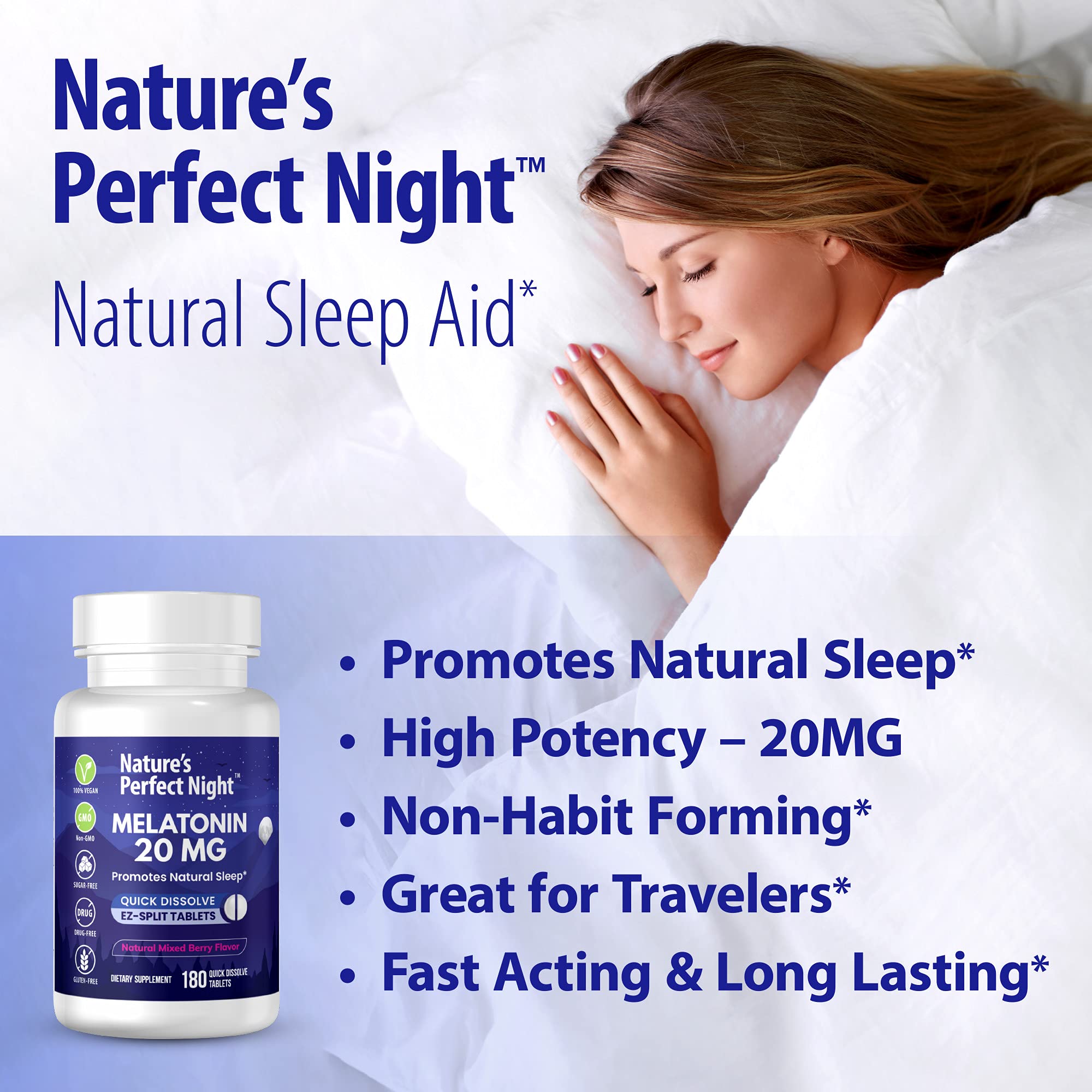 Nature's Perfect Night | Melatonin 20mg | 180 Quick Dissolve Tablets, 2-Pack | Natural Mixed Berry Flavor |High Potency | Sugar Free | Vegan | Gluten Free | 2 Count