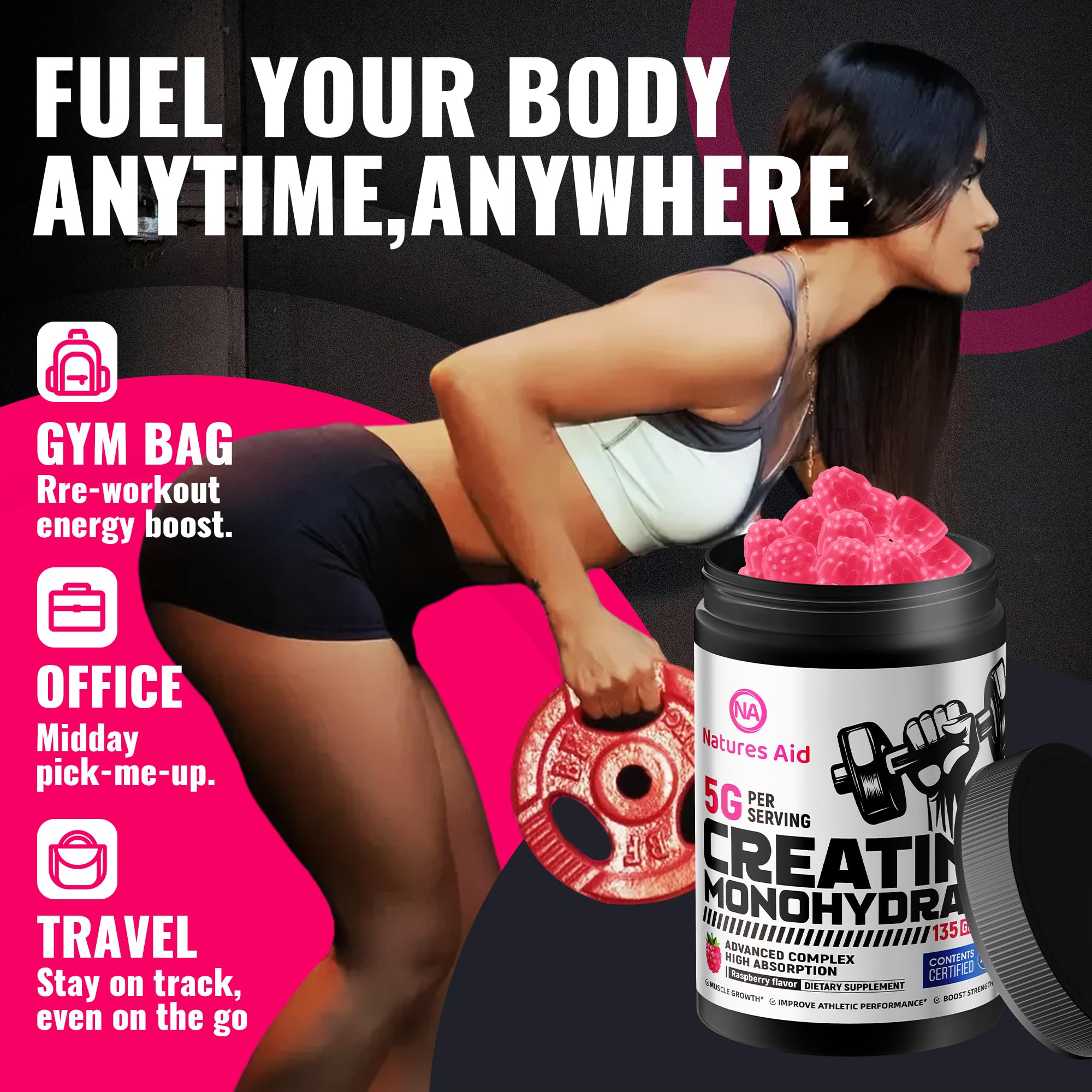Natures Aid NSF Certified Creatine Gummy 5g - Creatine Monohydrate Gummies – Pre-Workout Energy & Muscle Growth Support for Men & Women | Raspberry Electrolyte Gummies (135 Count)
