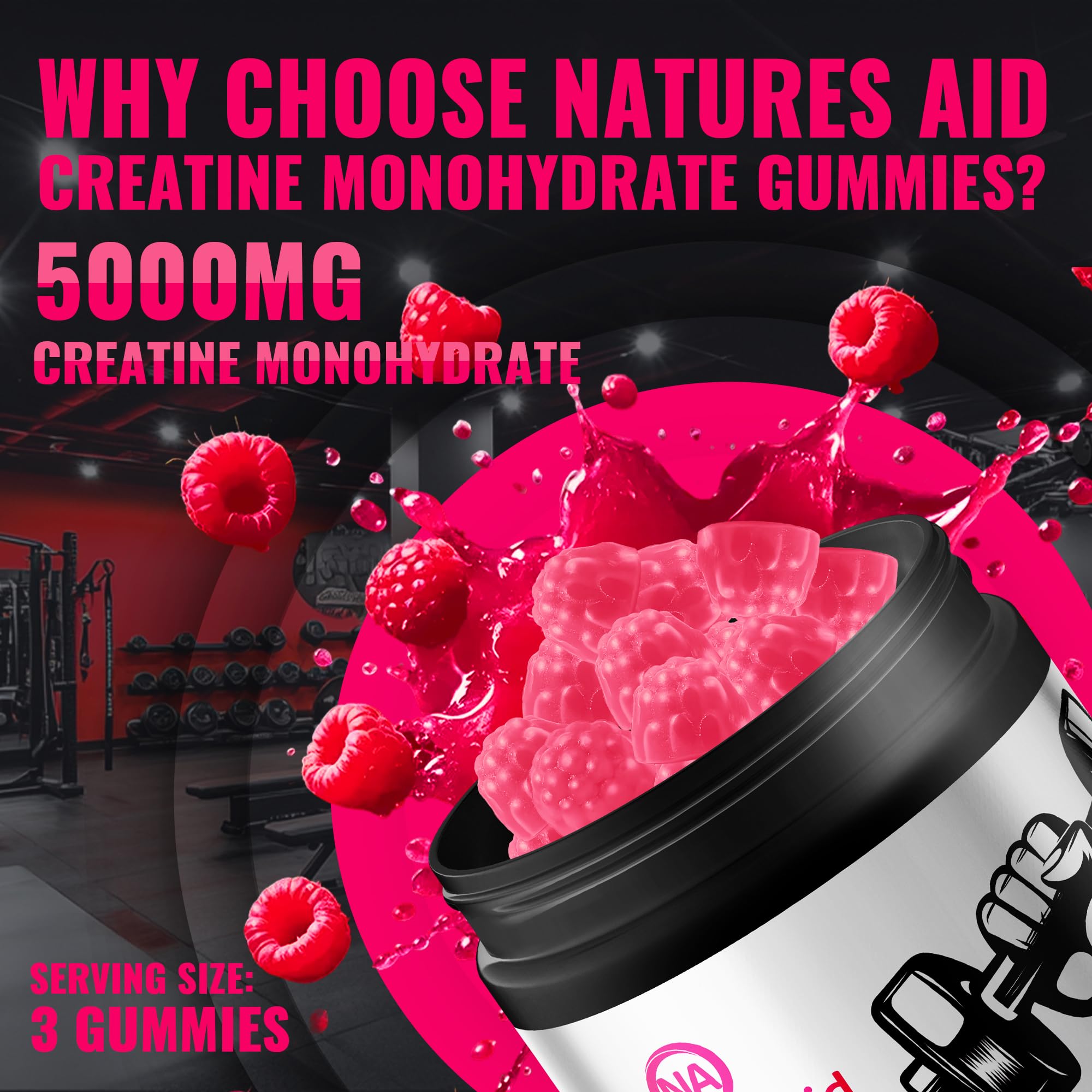 Natures Aid NSF Certified Creatine Gummy 5g - Creatine Monohydrate Gummies – Pre-Workout Energy & Muscle Growth Support for Men & Women | Raspberry Electrolyte Gummies (135 Count)
