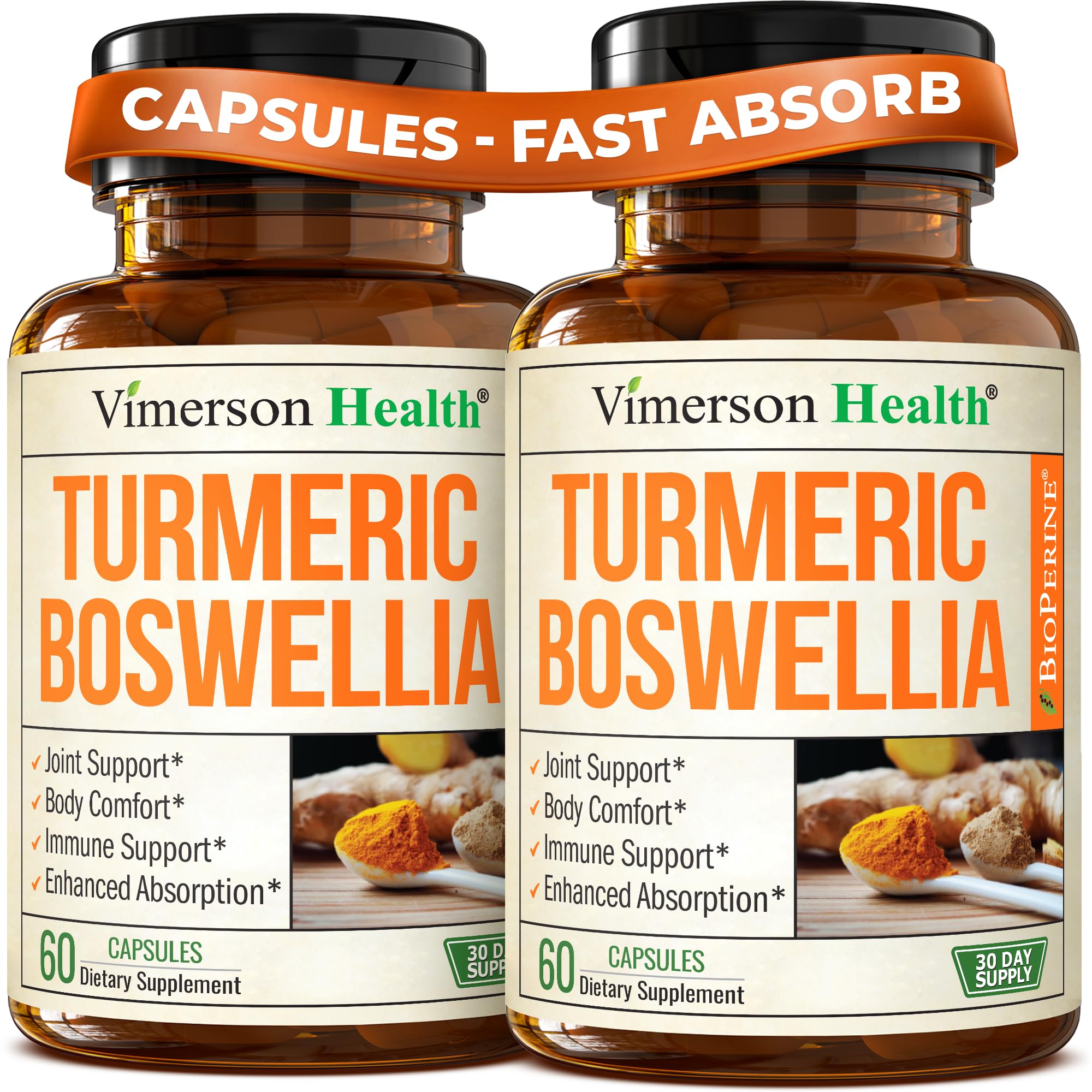 Turmeric Supplement w/Boswellia Serrata – Daily Support for Joint Health & Comfort – Organic Turmeric Curcumin Powder, Bioperine for Enhanced Absorption & Ginger – Boswellia Extract Capsules, 2 Pack