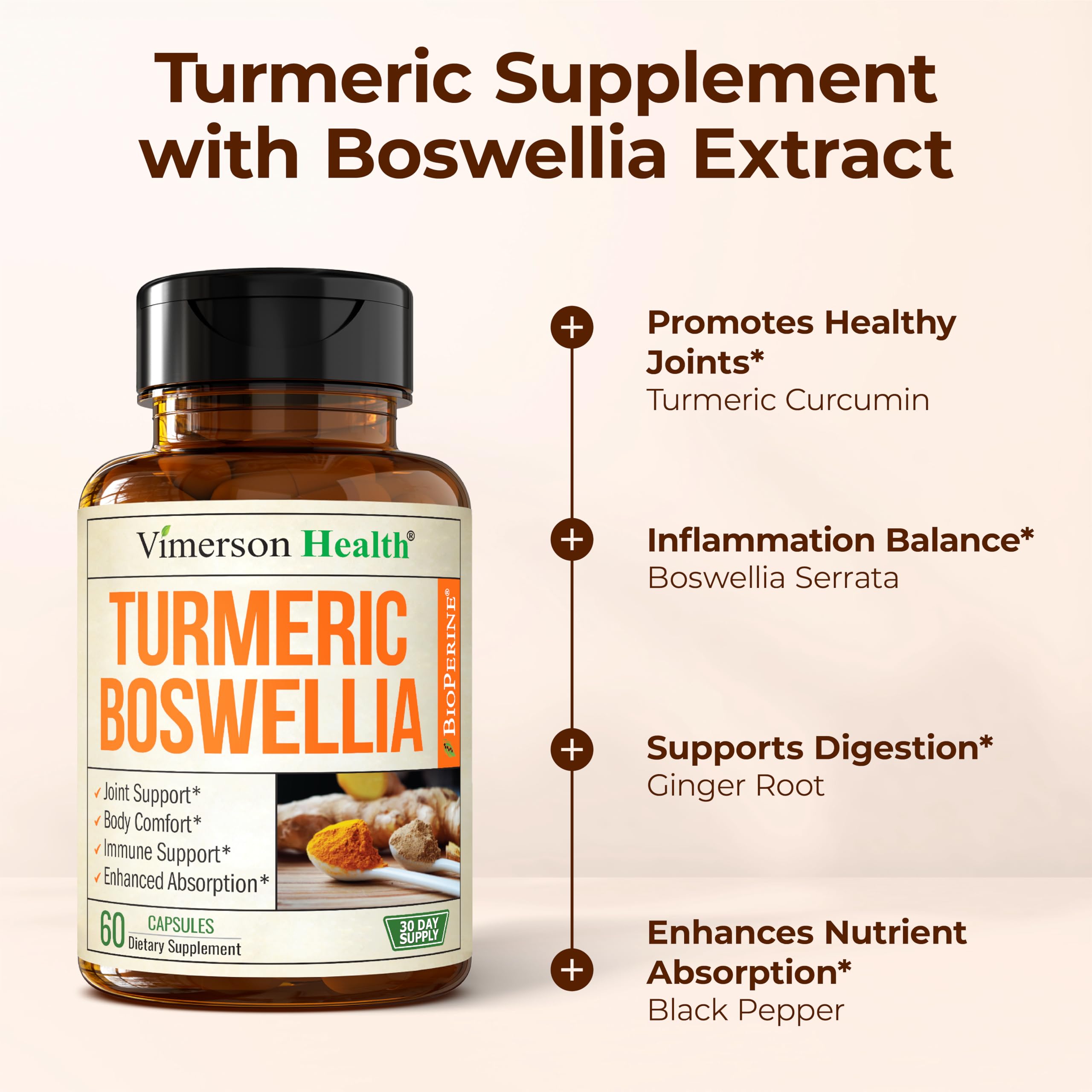 Turmeric Supplement w/Boswellia Serrata – Daily Support for Joint Health & Comfort – Organic Turmeric Curcumin Powder, Bioperine for Enhanced Absorption & Ginger – Boswellia Extract Capsules, 2 Pack