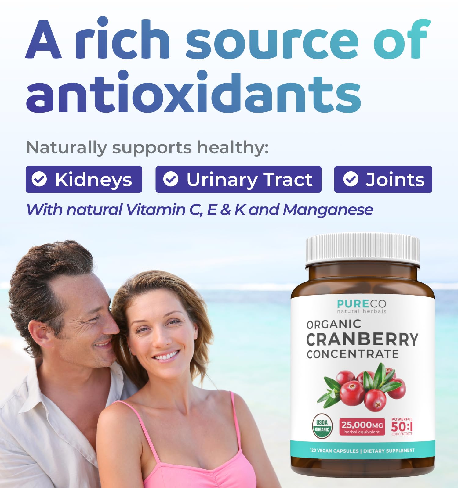 Organic Cranberry Extract Capsules - Super 50X Potency Cranberry Pills for Women to Support Urinary Tract Bladder and Kidney - Vegan Non-GMO USDA Organic & North American Sourced (4 Month Supply)