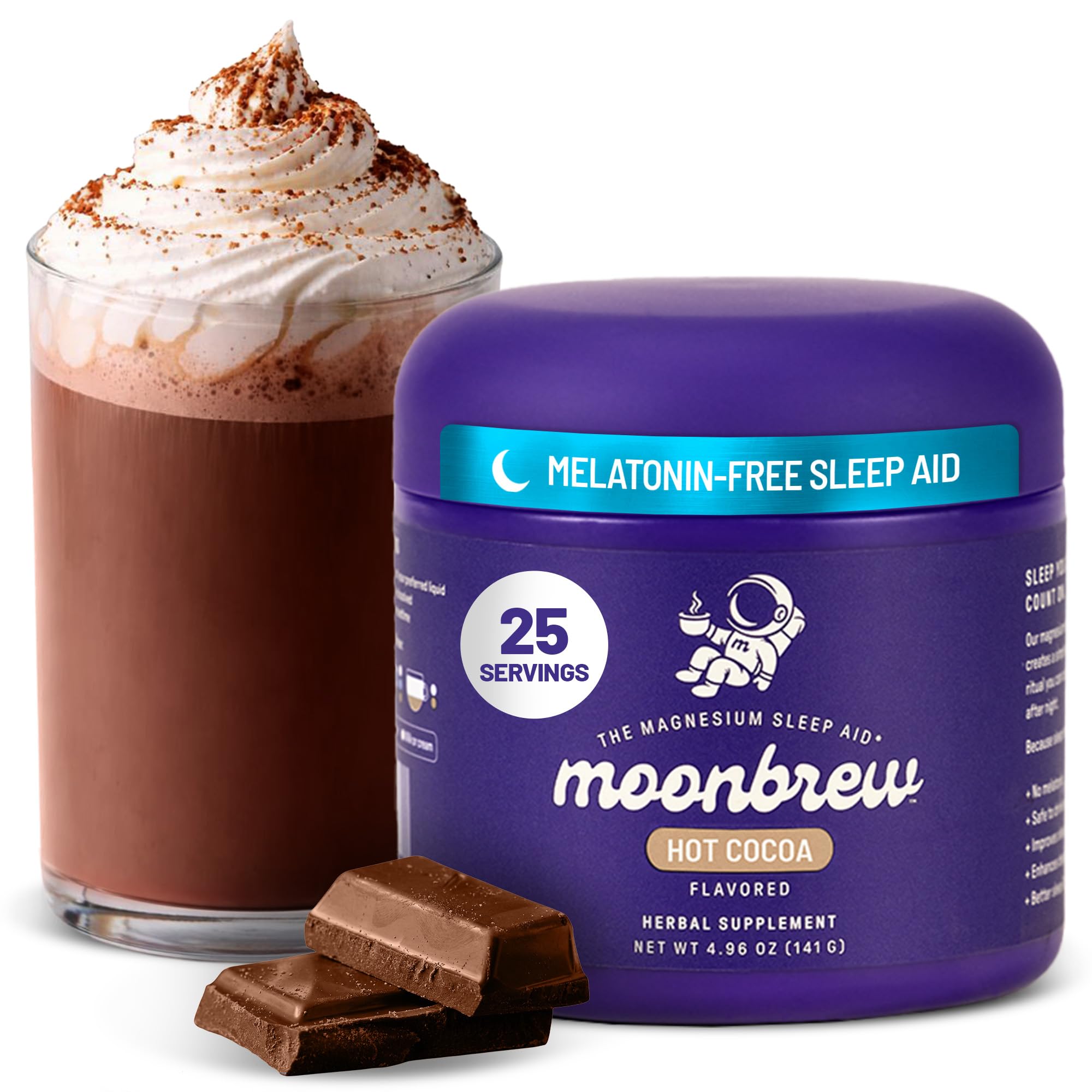 MoonBrew Nighttime Magnesium Hot Cocoa Jar, Natural Sleep Aid Drink Mix for Adults - Calming Melatonin-Free Sleep Support - Sleepy Hot Chocolate Powder with L-Theanine, Chamomile & Zinc Glycinate
