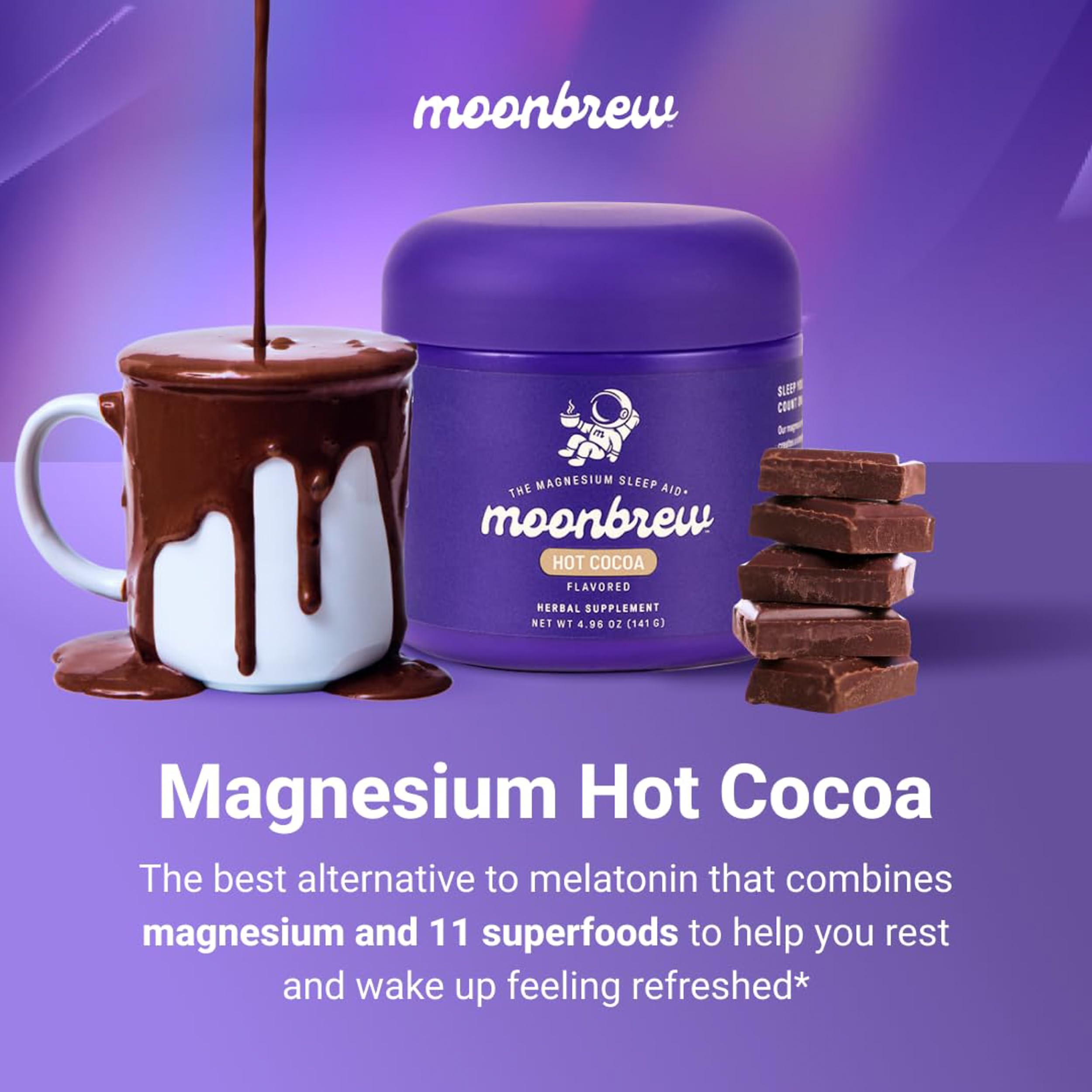 MoonBrew Nighttime Magnesium Hot Cocoa Jar, Natural Sleep Aid Drink Mix for Adults - Calming Melatonin-Free Sleep Support - Sleepy Hot Chocolate Powder with L-Theanine, Chamomile & Zinc Glycinate