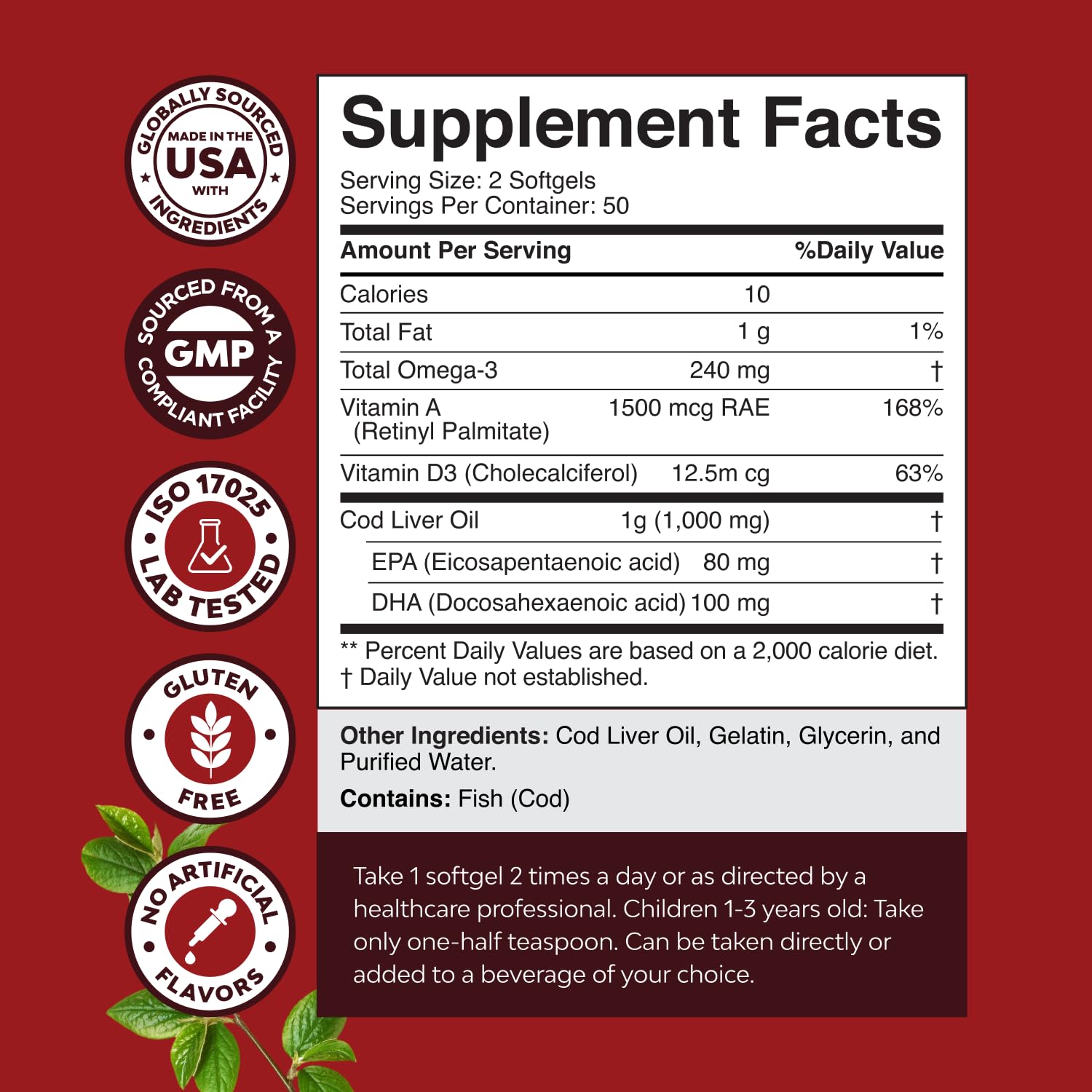 Icelandic Wild Caught Cod Liver Oil Softgels - Fish Omega 3, EPA, DHA, Vitamin D & A, 1000mg Per Serving - Burpless Capsules for Heart, Joint, Brain & Immune Support - 100 Count