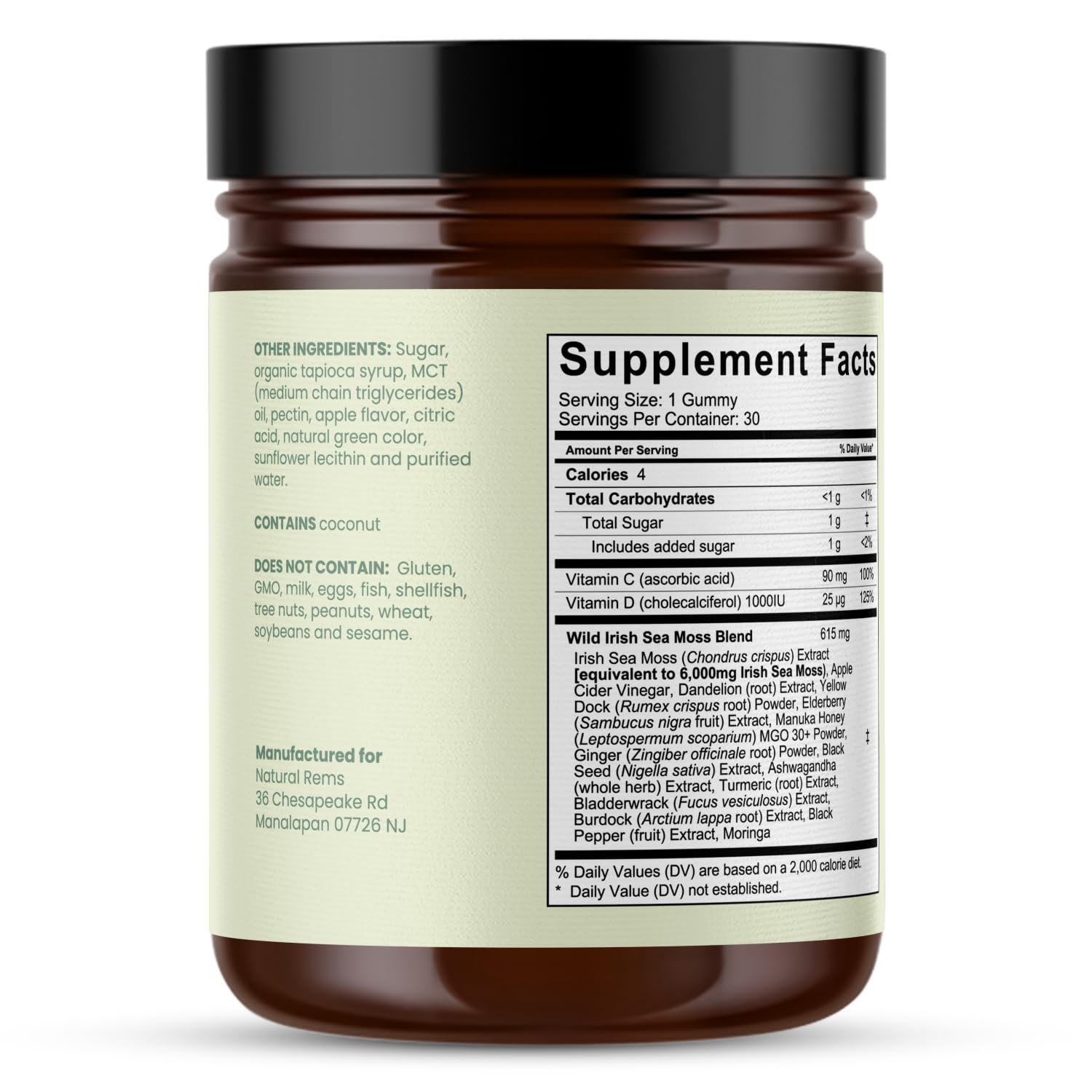 Natural Rems Sea Moss Gummies 16-in-1 - Ashwagandha Black Seed Oil Bladder Wrack Turmeric Vitamin C & D3 with Manuka Burdock Root Dandelion Yellow Dock Elderberry Apple Cider Vinegar (Green Apple)