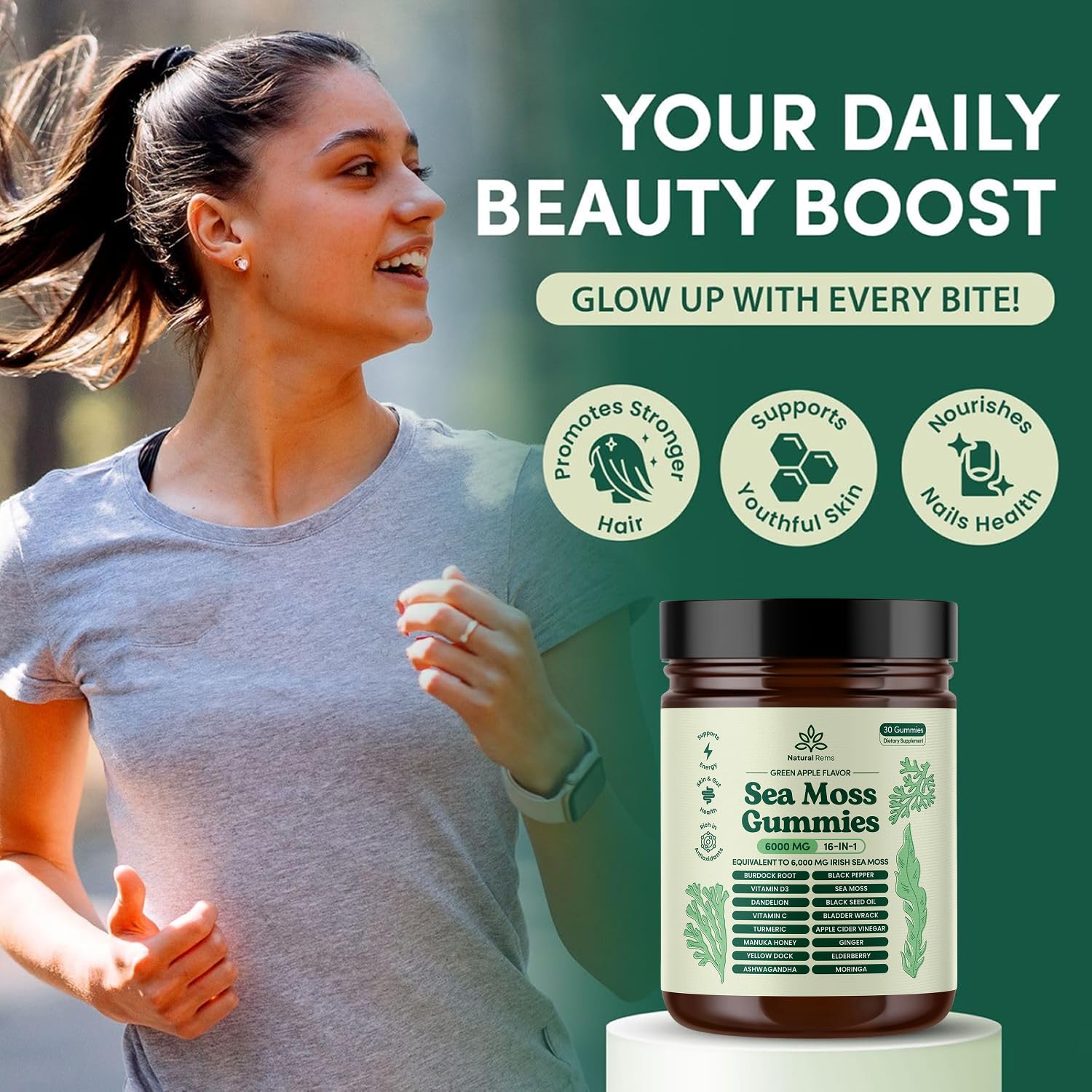 Natural Rems Sea Moss Gummies 16-in-1 - Ashwagandha Black Seed Oil Bladder Wrack Turmeric Vitamin C & D3 with Manuka Burdock Root Dandelion Yellow Dock Elderberry Apple Cider Vinegar (Green Apple)