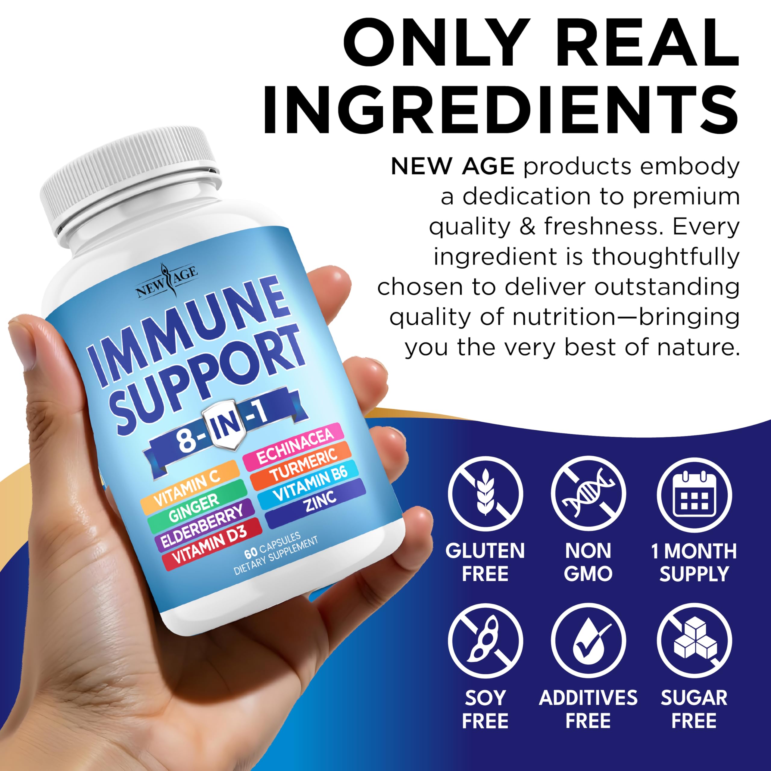 8 in 1 Immune Support Booster Supplement with Echinacea, Vitamin C and Zinc 50mg, Vitamin D 5000 IU, Turmeric Curcumin & Ginger, B6, Elderberry (8 in 1 Capsules (Pack of 5))