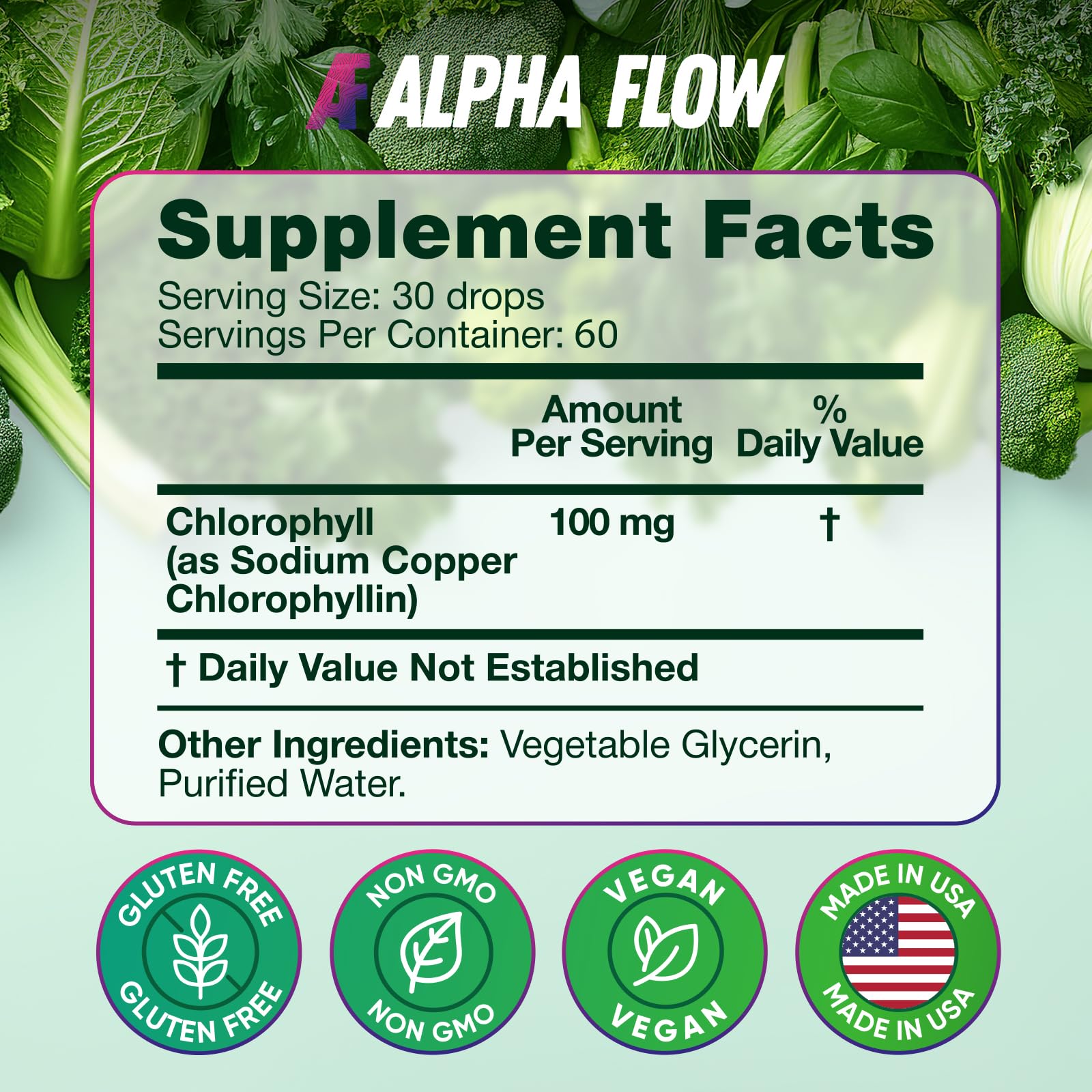 Alpha Flow Chlorophyll Liquid Drops 6000 mg - Premium Liquid Chlorophyll Supplement - All-in-One Antioxidant for Immune Boost, Energy Increase, Digestion Support & Fast Detox - Non-GMO, Vegan