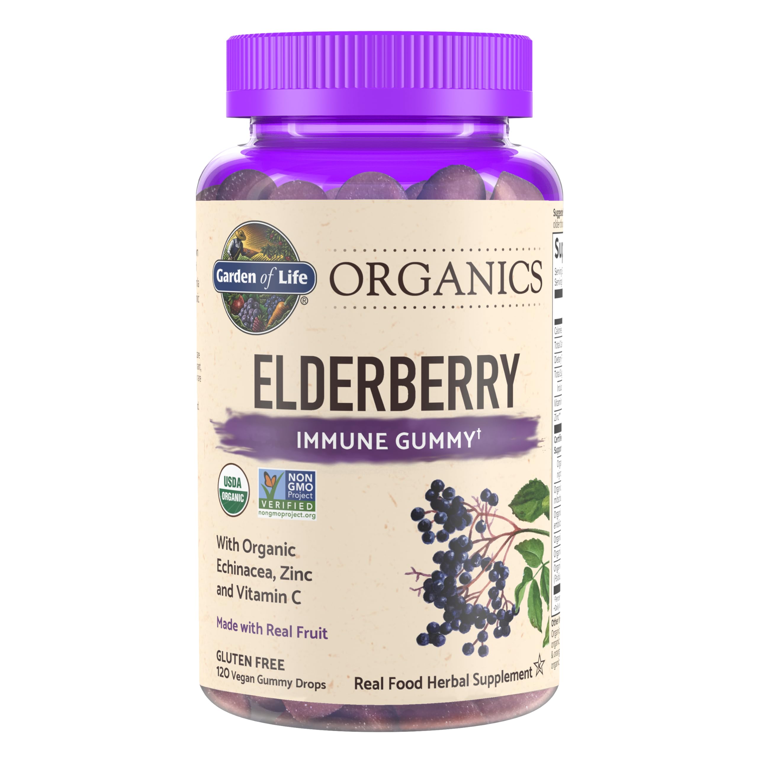 Garden of Life Organics Elderberry Gummies for Adults & Kids - Immune Support Supplement with Organic Fruit, Herbal Blend, Elderberry, Echinacea, Zinc, Vitamin C, 120 Vegan Gluten Free Gummies