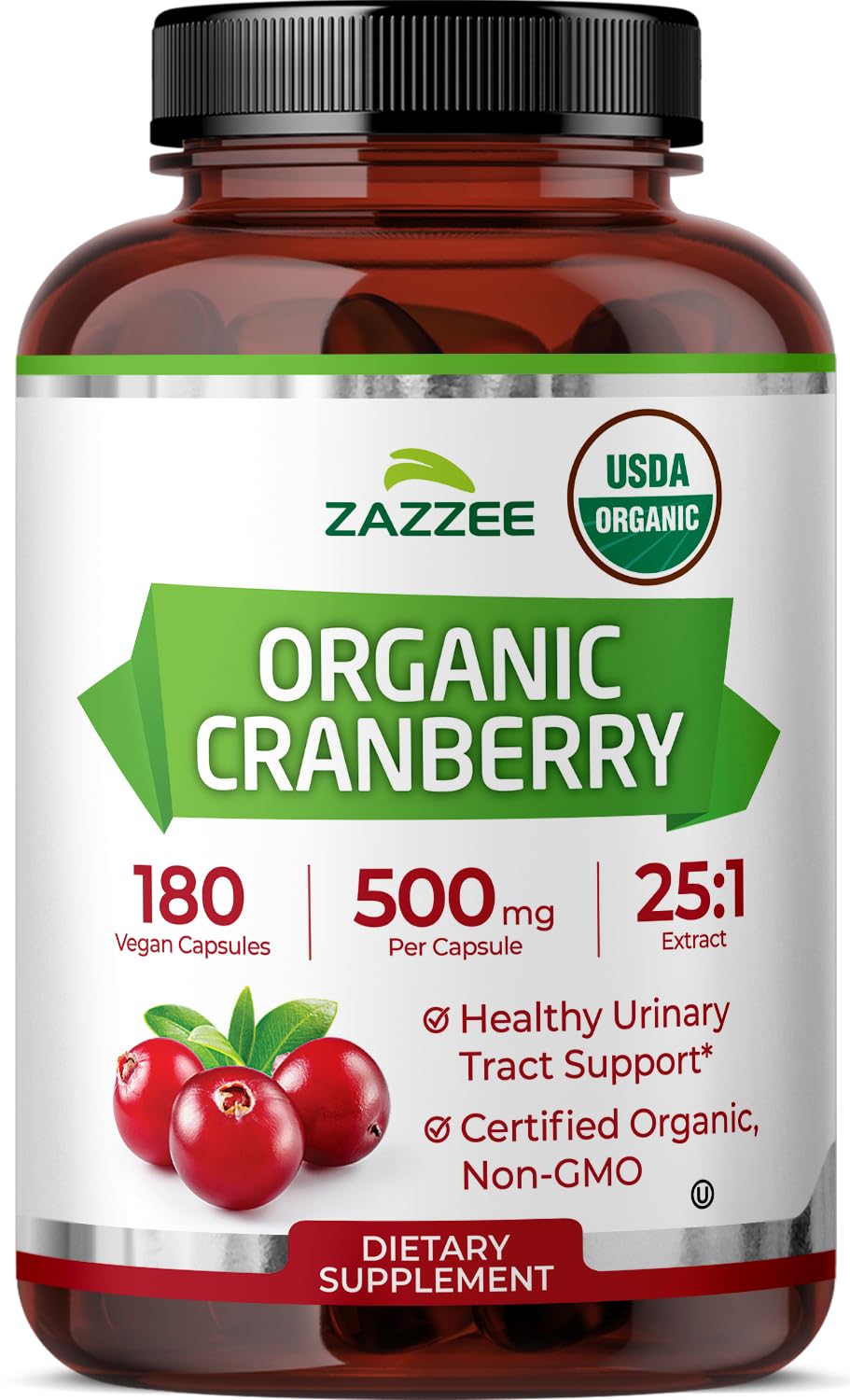 Zazzee USDA Organic Cranberry 25:1 Extract, 500 mg per Capsule, 180 Vegan Capsules, 6 Month Supply, Certified Kosher, Standardized, Concentrated 25X Extract, 100% Vegetarian, Non-GMO, Made in The USA