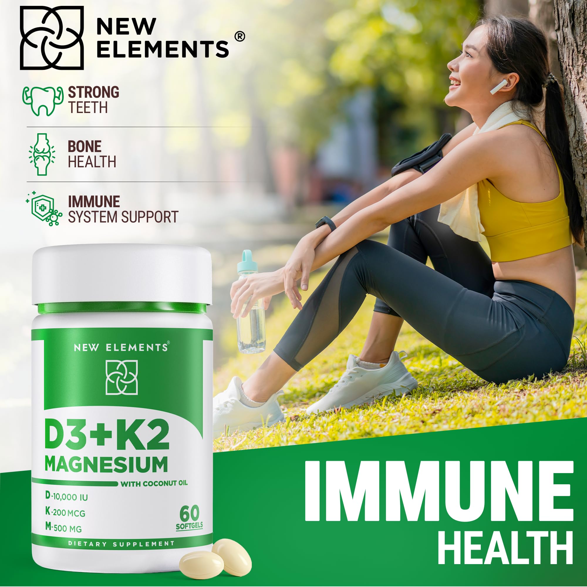 New Elements Vitamin D3 K2 10,000 IU with Magnesium Glycinate 500mg - Bone Health, Immune Support, Energy & Mood - Non-GMO, Gluten-Free, Sugar-Free Softgels for Women & Men (60 softgels)