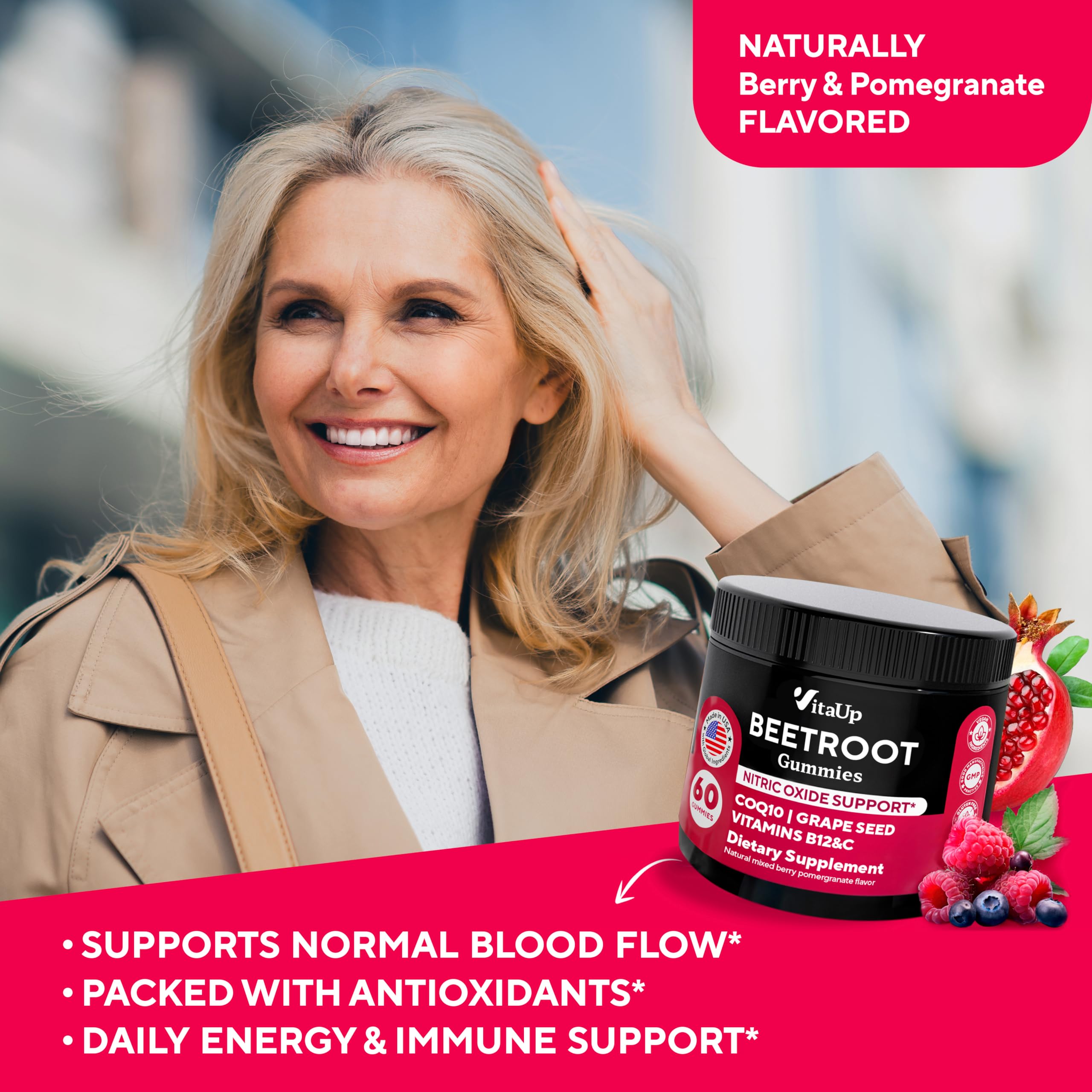 VitaUp Beet Root Gummies – Beetroot Supplement with CoQ10, Grape Seed, Vitamin C, B12 & B3 – Nitric Oxide Gummies for Circulation Support – Beet Supplement for Energy & Immune Support – 60 Beets Chews