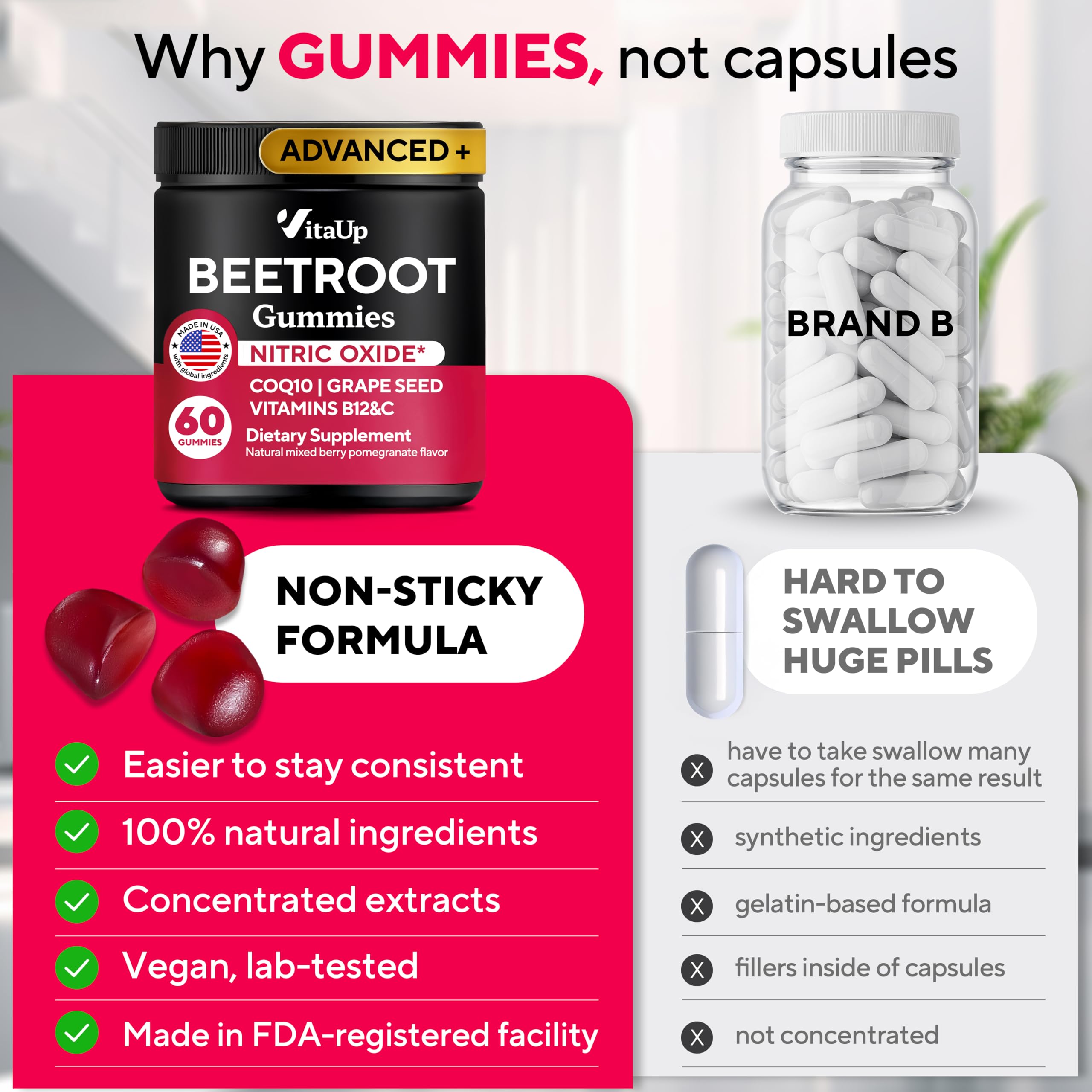 VitaUp Beet Root Gummies – Beetroot Supplement with CoQ10, Grape Seed, Vitamin C, B12 & B3 – Nitric Oxide Gummies for Circulation Support – Beet Supplement for Energy & Immune Support – 60 Beets Chews