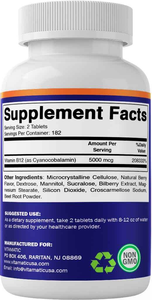 Vitamatic Vitamin B12 5000 mcg – 365 Fast Dissolve Tablets Berry Flavor – Supports Energy Production & Nervous System Health – Non-GMO, Gluten-Free