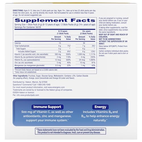 Emergen-C Crystals, On-the-Go Emergen-C Immune Support Supplement with Vitamin C, B Vitamins, Zinc and Manganese, Orange Vitality - 56 Stick Packs