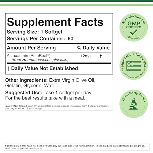 Astaxanthin 12mg Max Strength (Only Patented Astaxanthin (Astrareal) with 70+ Human Clinical Trials - World's Most Studied Brand) Grown, Harvested, and Made in The USA (Astaxantina) by Double Wood