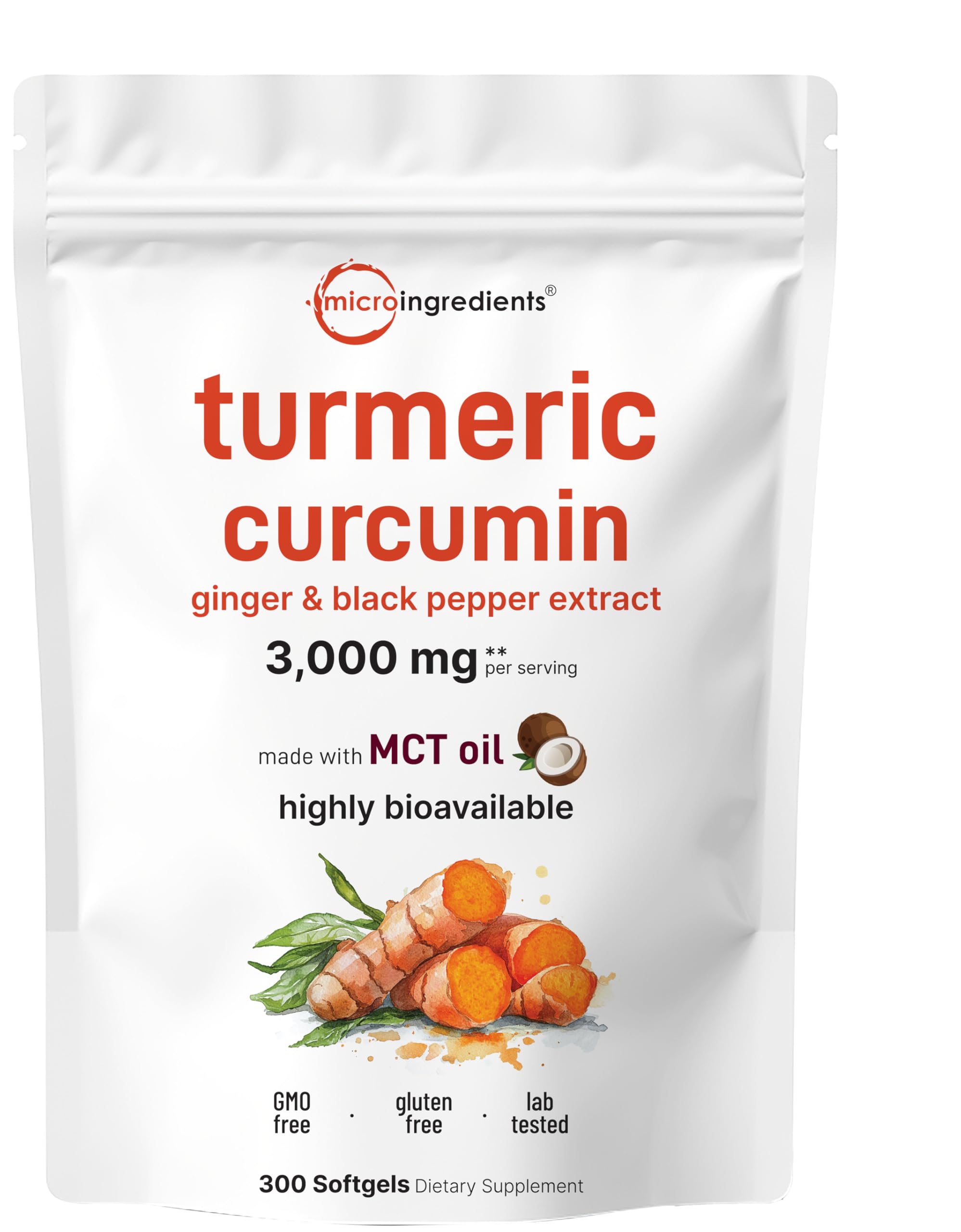 Turmeric Curcumin Supplement with Black Pepper & Ginger 3,000mg, 300 Softgels with MCT Oil for Better Absorption | 95% Curcuminoids | Non-GMO