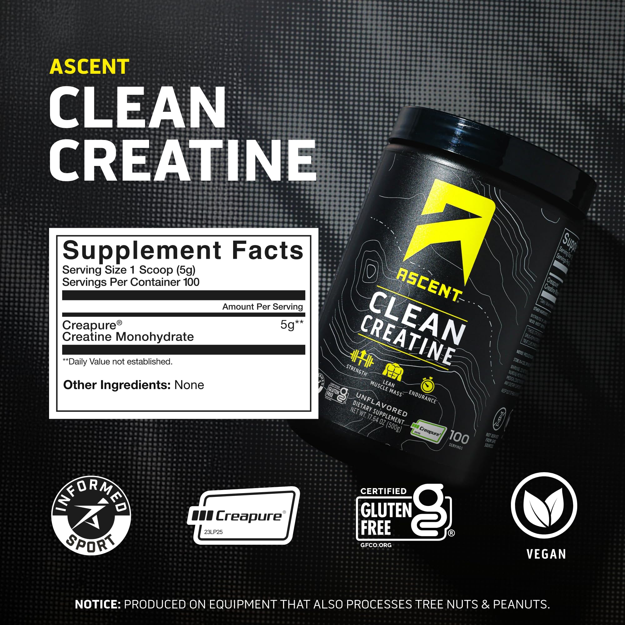 Ascent Clean Creatine Monohydrate Powder - 5G Per Serving, Creapure Creatine Supplement - Unflavored, 100 Servings