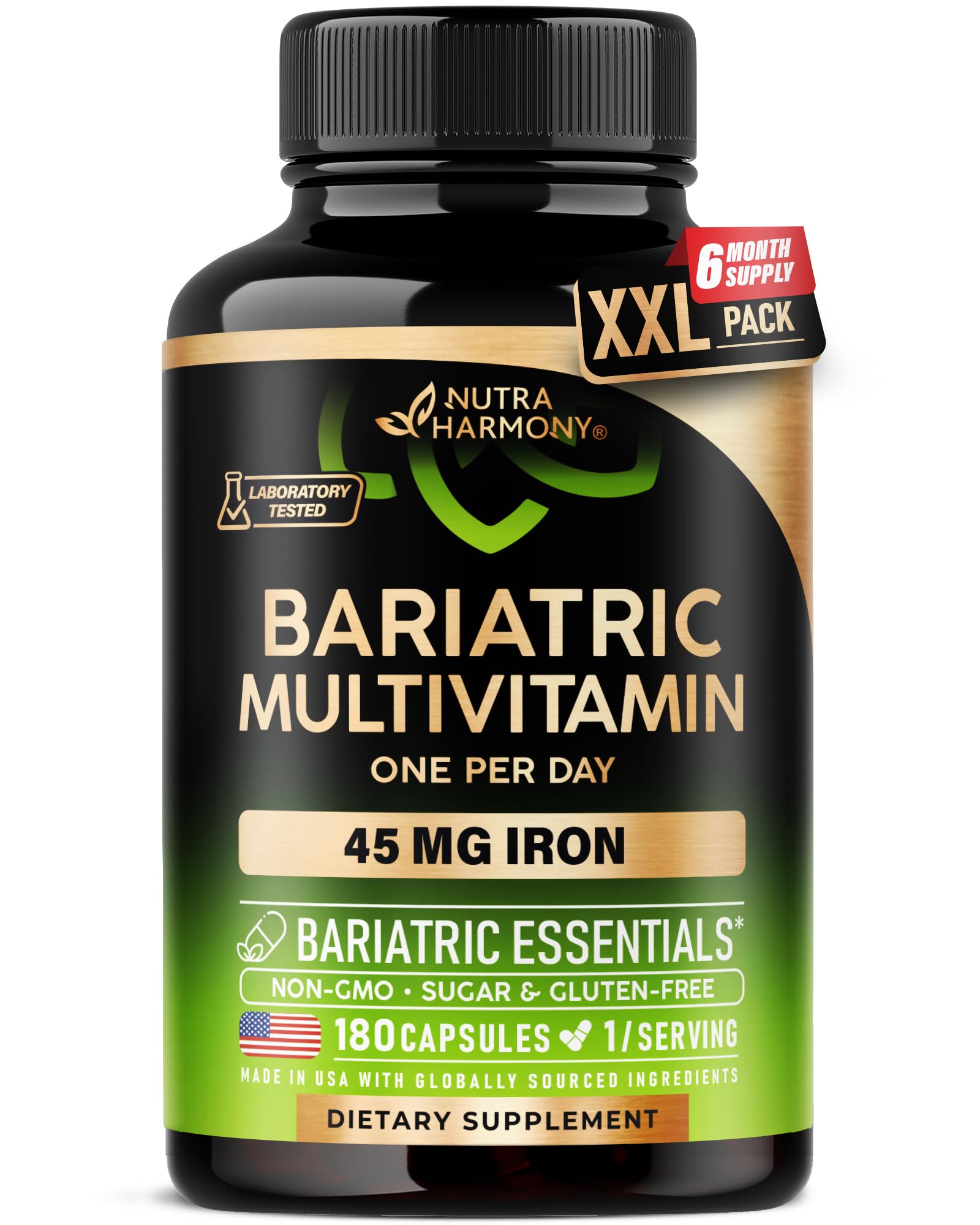 Bariatric Multivitamin - 45 mg Iron Supplements - Made in USA - for Women & Men - All-in-One, 21 Essential Vitamins - Gastric Sleeve Support - Free of Sugar, Gluten & Soy - 180 Capsules, Once Daily