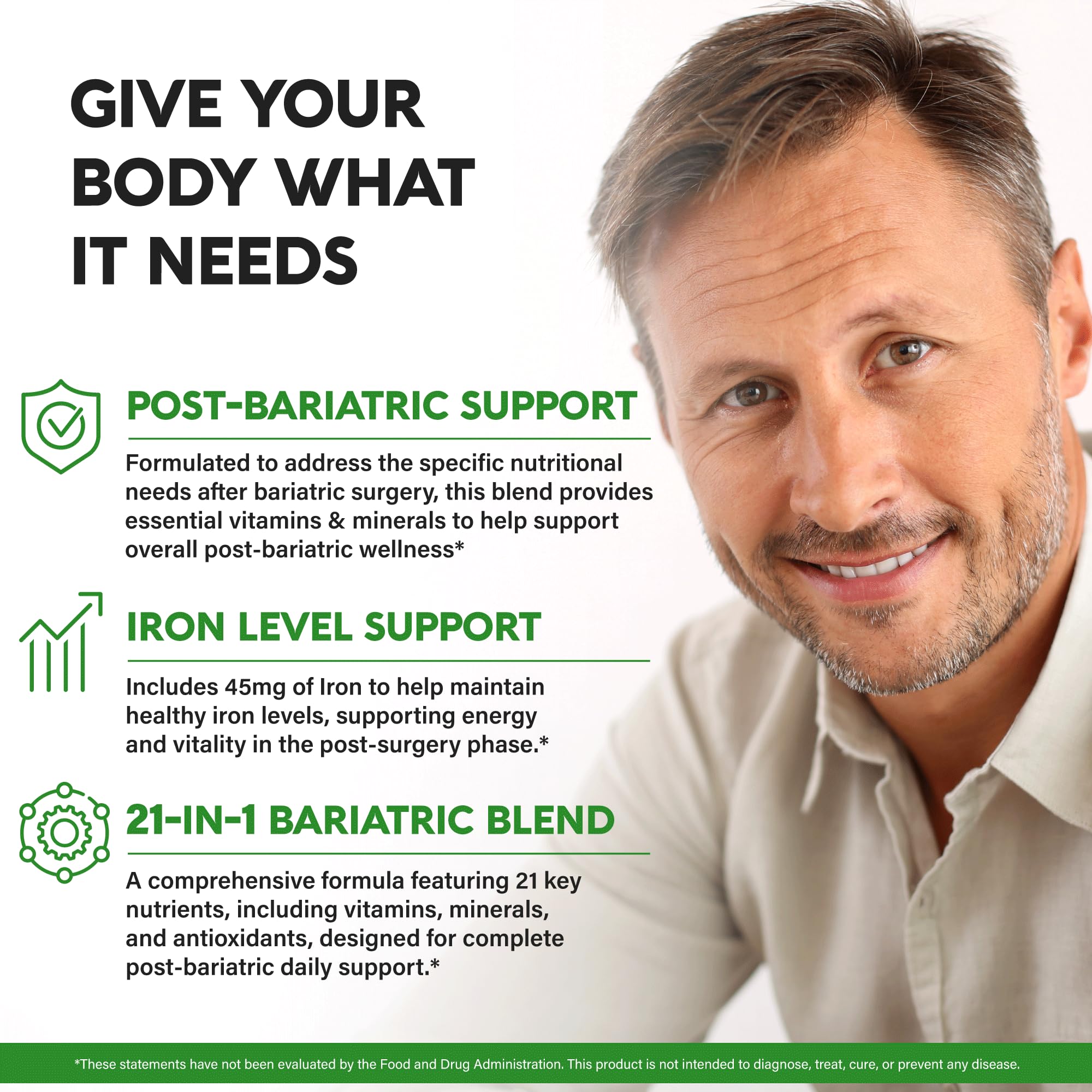 Bariatric Multivitamin - 45 mg Iron Supplements - Made in USA - for Women & Men - All-in-One, 21 Essential Vitamins - Gastric Sleeve Support - Free of Sugar, Gluten & Soy - 180 Capsules, Once Daily