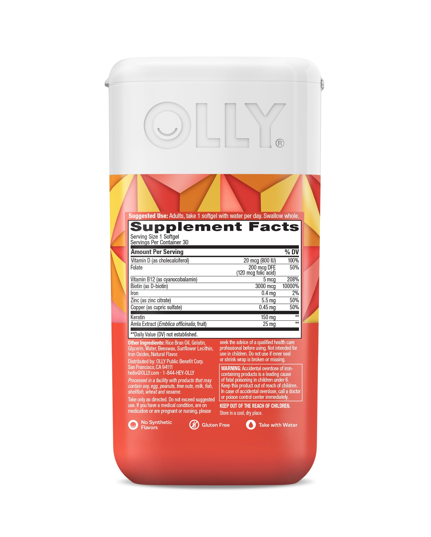 OLLY Ultra Strength Hair Softgels, Supports Hair Health, Biotin, Keratin, Vitamin D, B12, Hair Supplement, 30 Day Supply - 30 Count (Packaging May Vary)