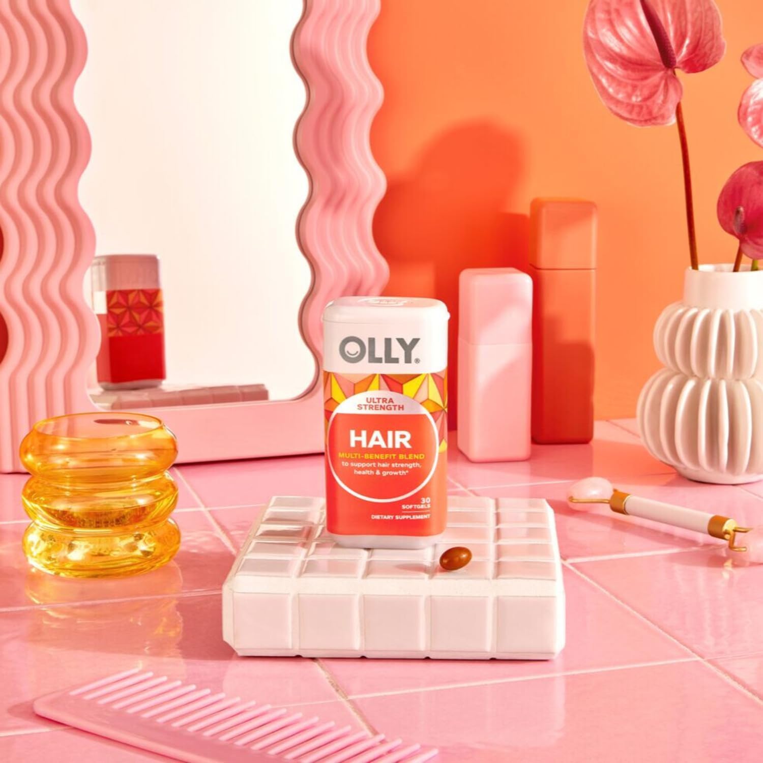 OLLY Ultra Strength Hair Softgels, Supports Hair Health, Biotin, Keratin, Vitamin D, B12, Hair Supplement, 30 Day Supply - 30 Count (Packaging May Vary)