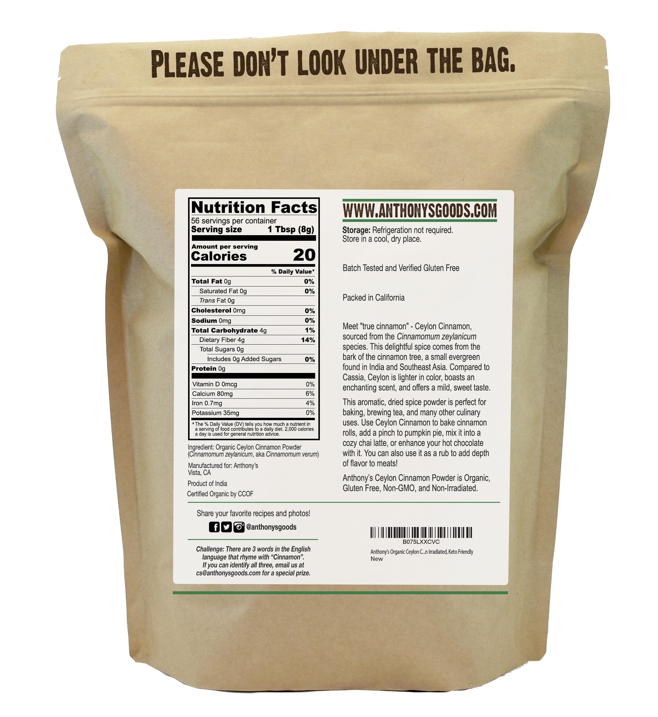 Anthony's Organic Ceylon Cinnamon Powder, 1 lb, Ground, Gluten Free, Non Irradiated, Non GMO, Keto Friendly