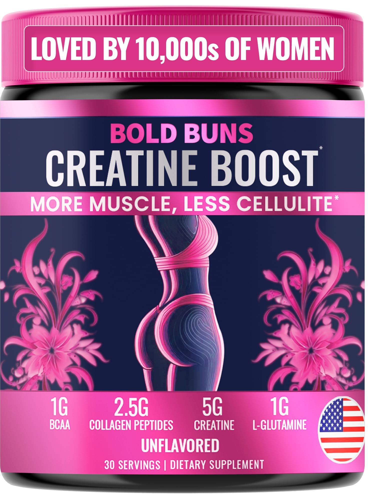 Bold Buns Creatine for Women – Booty Builder Supplement with Collagen & BCAA – Supports Muscle Development, Post-Workout Recovery, Skin Elasticity, Healthy Hair & Nail | Unflavored – 30 Servings