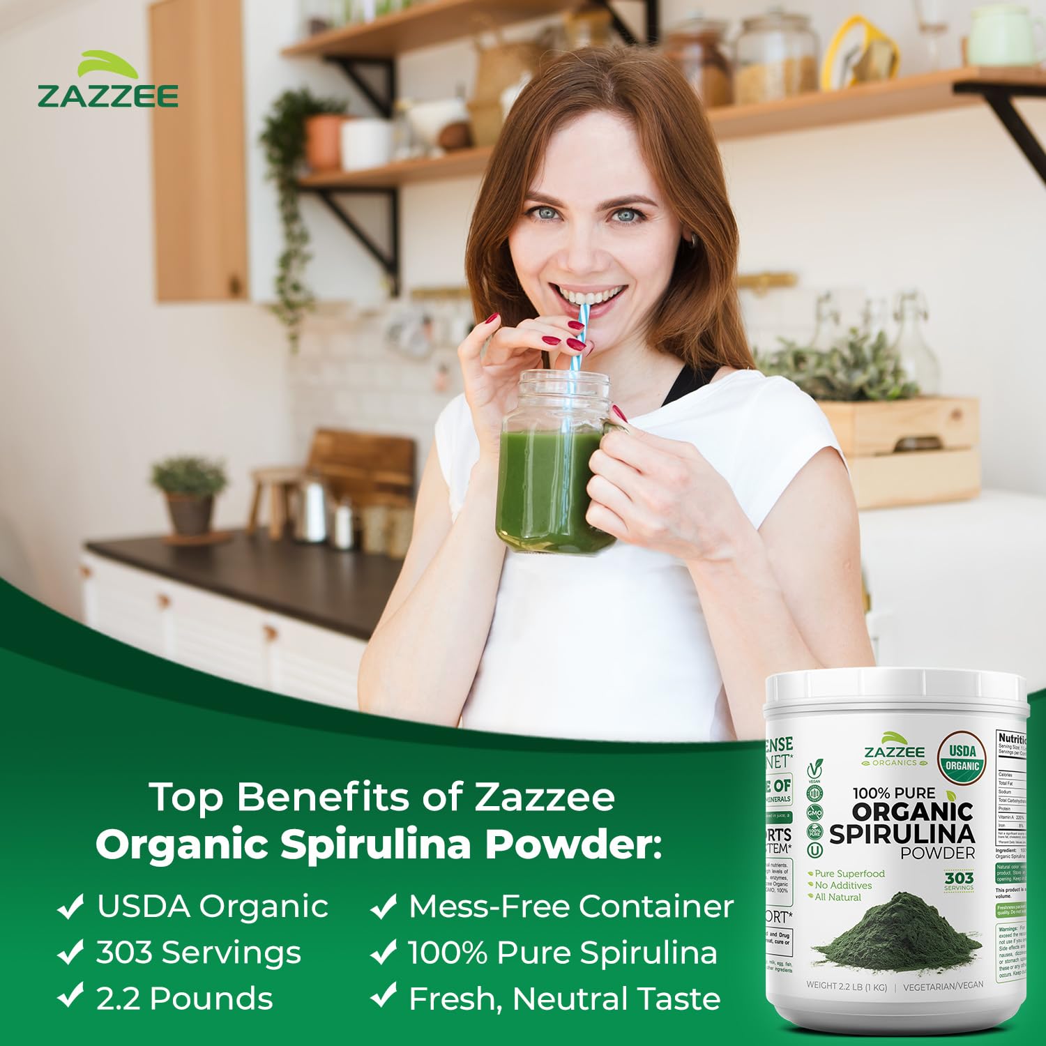 Zazzee USDA Organic Spirulina Powder, 2.2 Pounds (1 KG), 303 Servings, Certified Kosher, 100% Pure, Non-Irradiated, Mess-Free Wide Mouth Container, Fresh Smell and Neutral Taste, Non-GMO, Made in USA