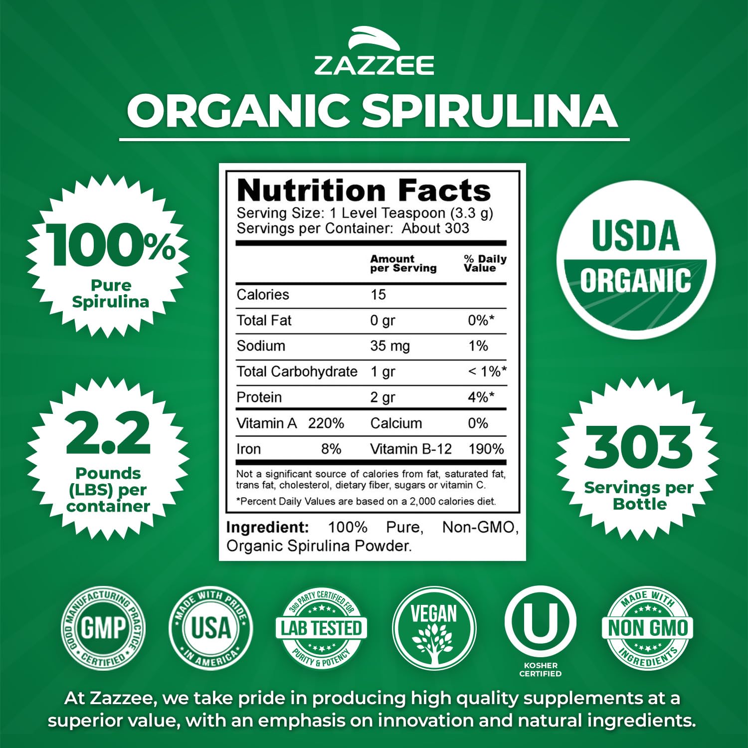 Zazzee USDA Organic Spirulina Powder, 2.2 Pounds (1 KG), 303 Servings, Certified Kosher, 100% Pure, Non-Irradiated, Mess-Free Wide Mouth Container, Fresh Smell and Neutral Taste, Non-GMO, Made in USA