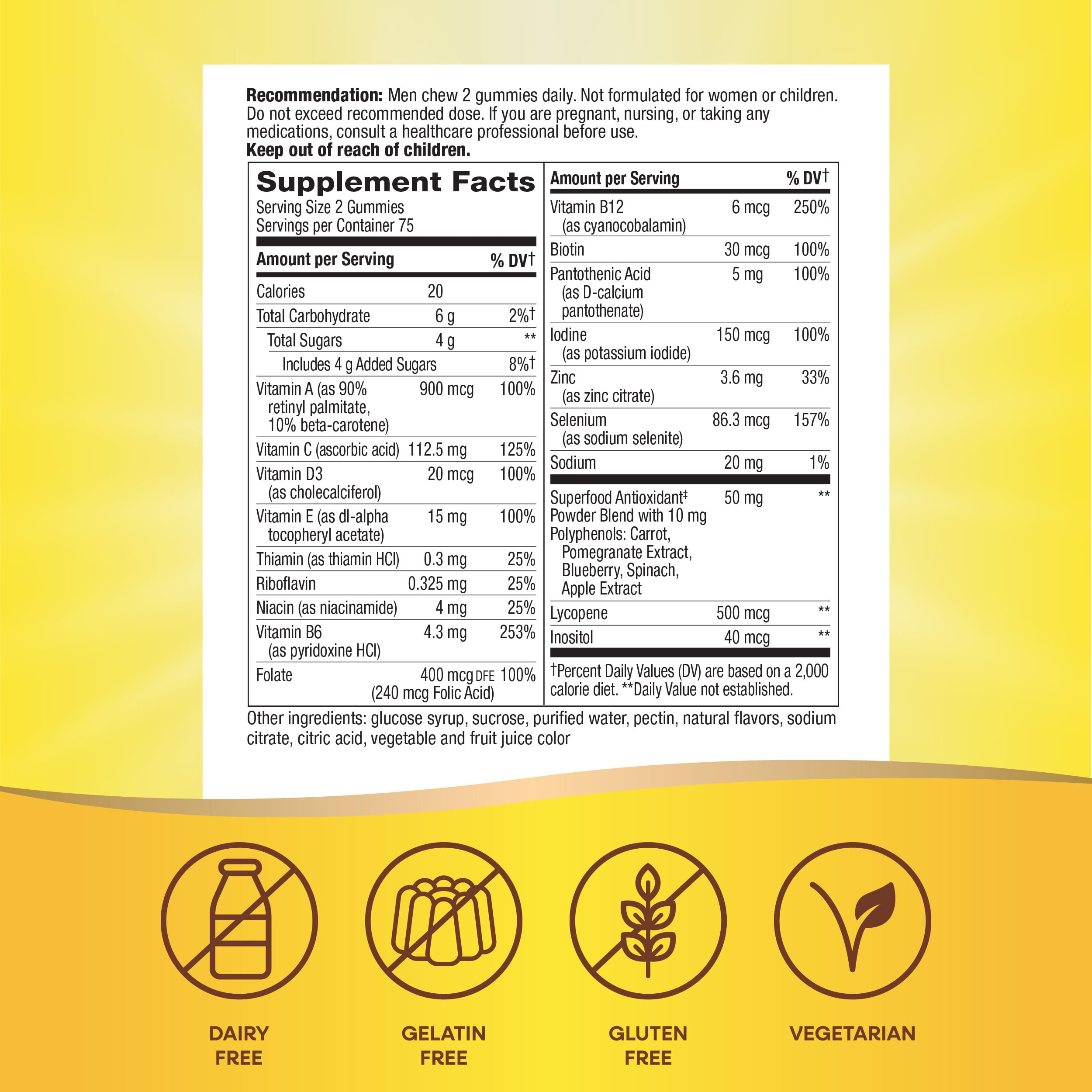Nature's Way Alive! Men's Multivitamin Gummies, Supports Energy Metabolism*, Muscle Function*, Superfood Antioxidants(1), B-Vitamins, Vegetarian, Fruit Flavored, 150 Gummies (Packaging May Vary)