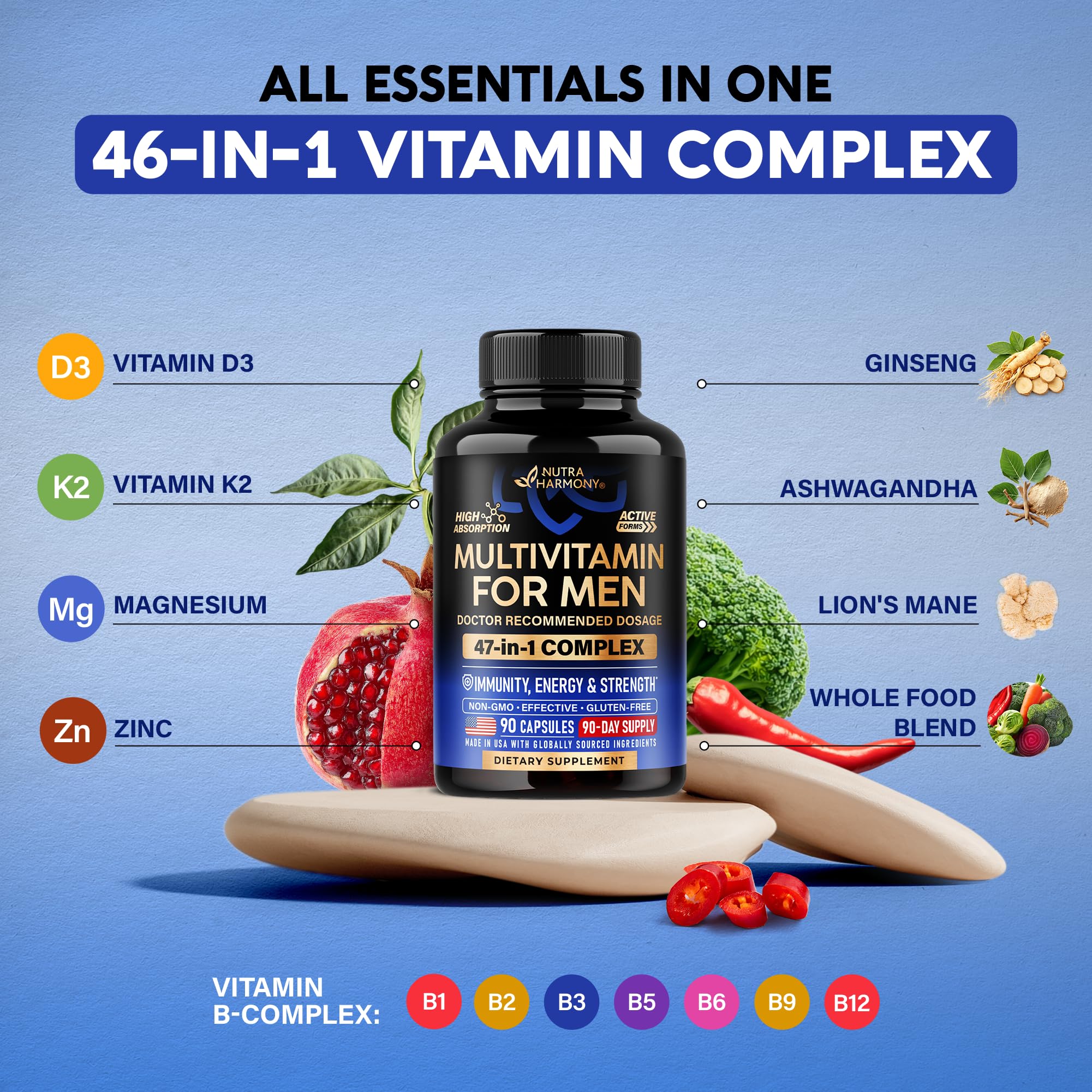 Multivitamin for Men - B-Complex | Whole Foods & Enzymes - Energy, Focus & Brain | Men's Health Complex - 46in1 Mens Multivitamin - Bioavailable & Gentle on Stomach - Made in USA - 90 Capsules, 1/Day