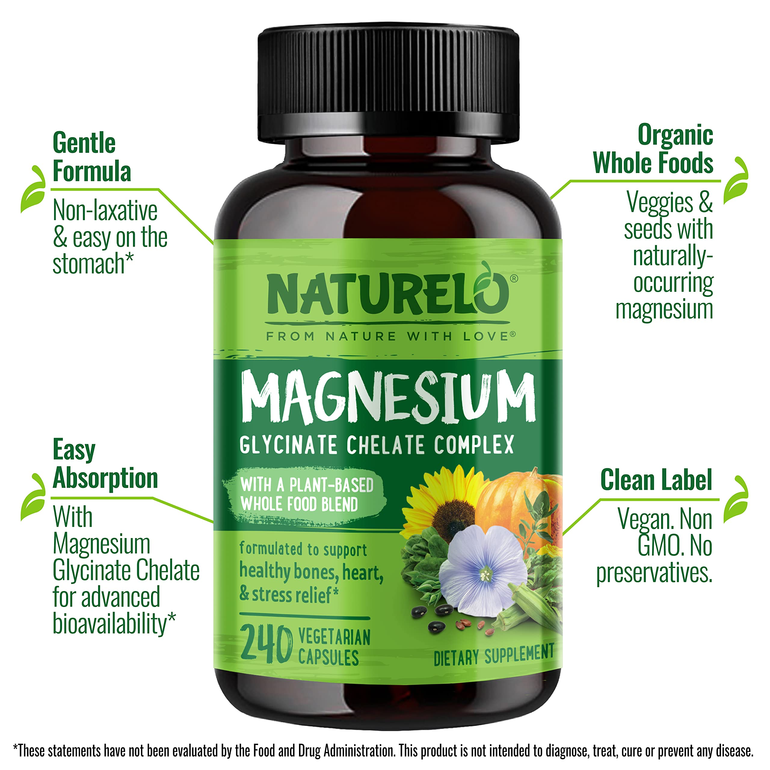 NATURELO Magnesium Glycinate Chelate Complex - 200 mg Magnesium with Organic Vegetables to Support Sleep, Calm, Muscle Cramp & Stress Relief - Gluten Free, Non GMO - 240 Capsules