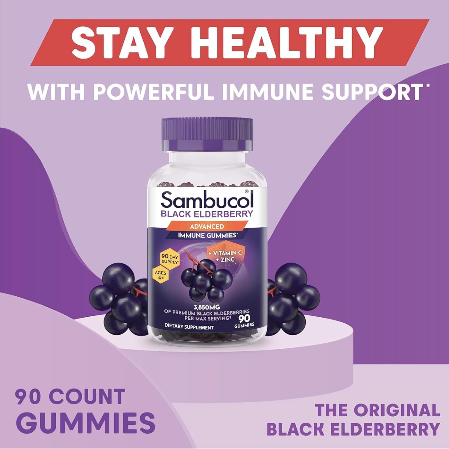 Sambucol Elderberry Gummies - Immune Support Supplement for Adults & Kids with Vitamin C & Zinc, Sambucol Elderberry are High in Antioxidants, Gluten Free, Vegan - 90 Count