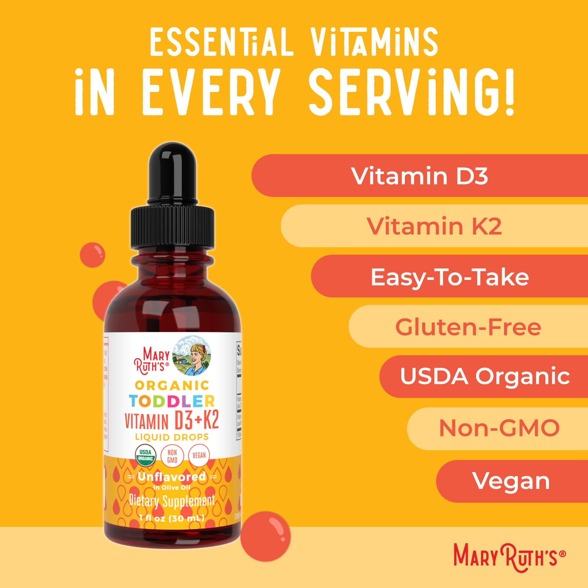 MaryRuth Organics Vitamin D3 | Vitamin K2 | Vitamin D3 K2 Drops | K2 D3 Vitamin Liquid Supplement for Toddlers | Kids Supplement for Calcium Absorption Strong Bones | Vegan | Gluten Free | 1 Fl Oz