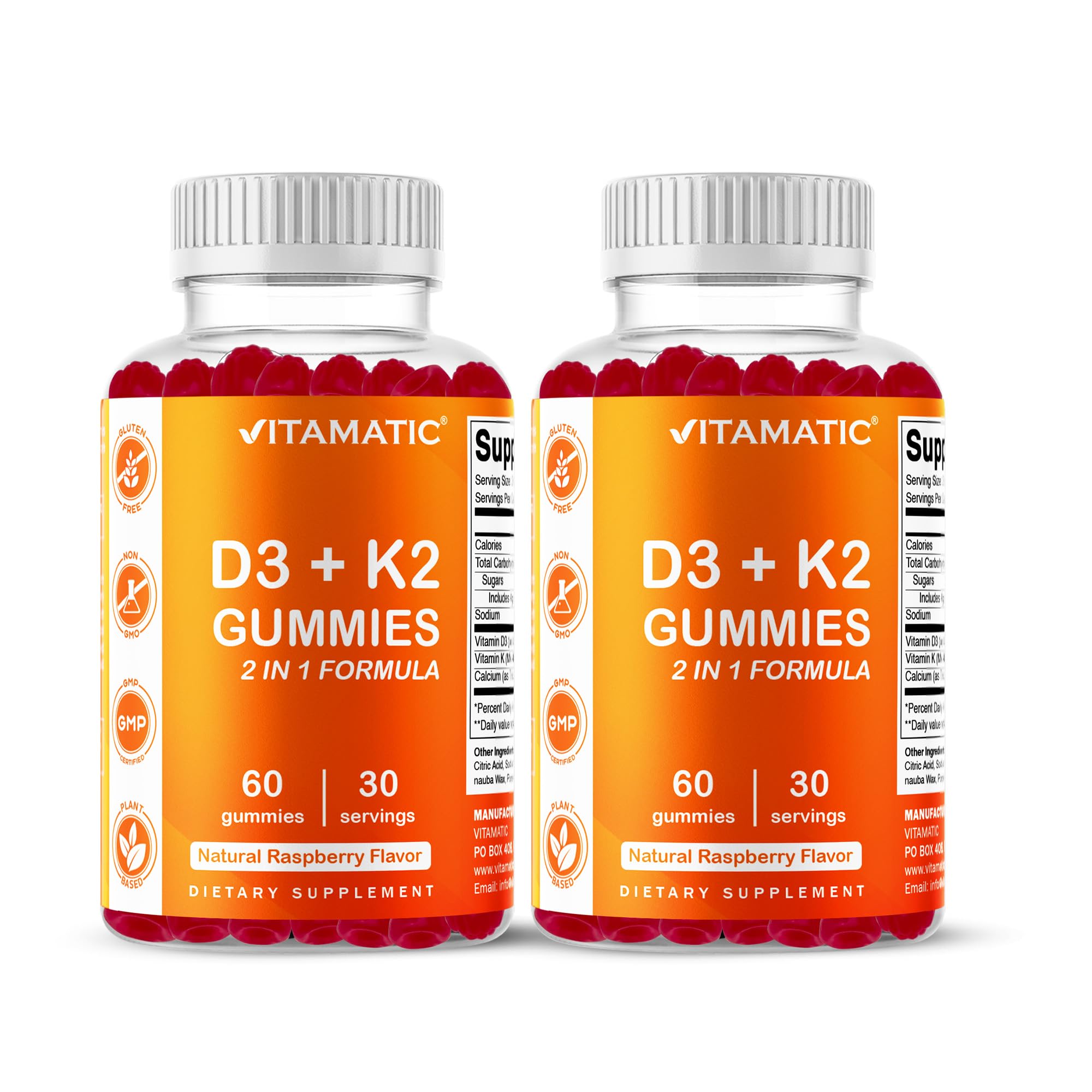 Vitamatic Vitamin D3 & K2 Gummies (2-Pack, 60 Count) Supports Healthy Bones, Heart Health, Calcium Absorption, and Immune Function Plant-Based, Non-GMO, Gluten-Free